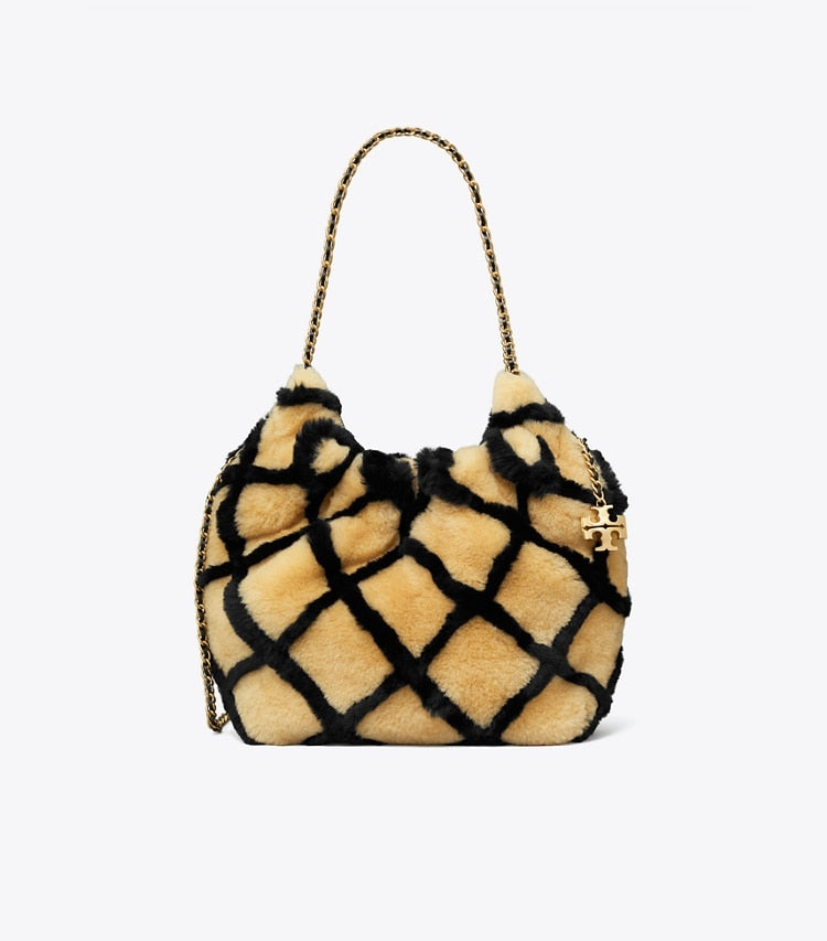 Tory Burch Mini Fleming Shearling Hobo Bag Toffee