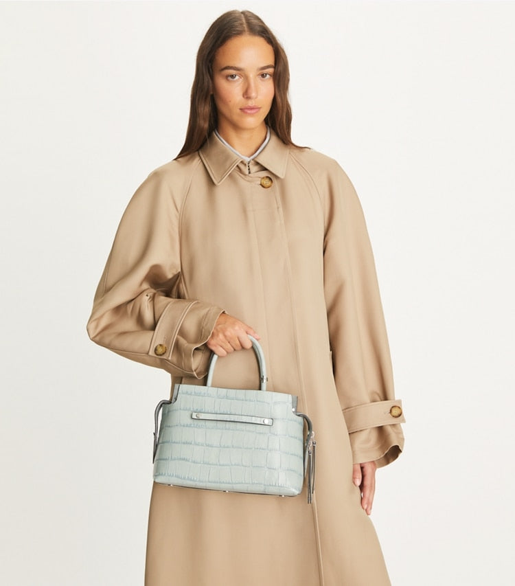Tory Burch Mercer Croc-Embossed Satchel Blue Celadon