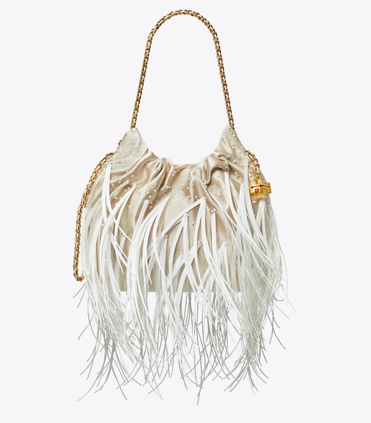 Tory Burch Mini Fleming Feather Hobo Bag Stone