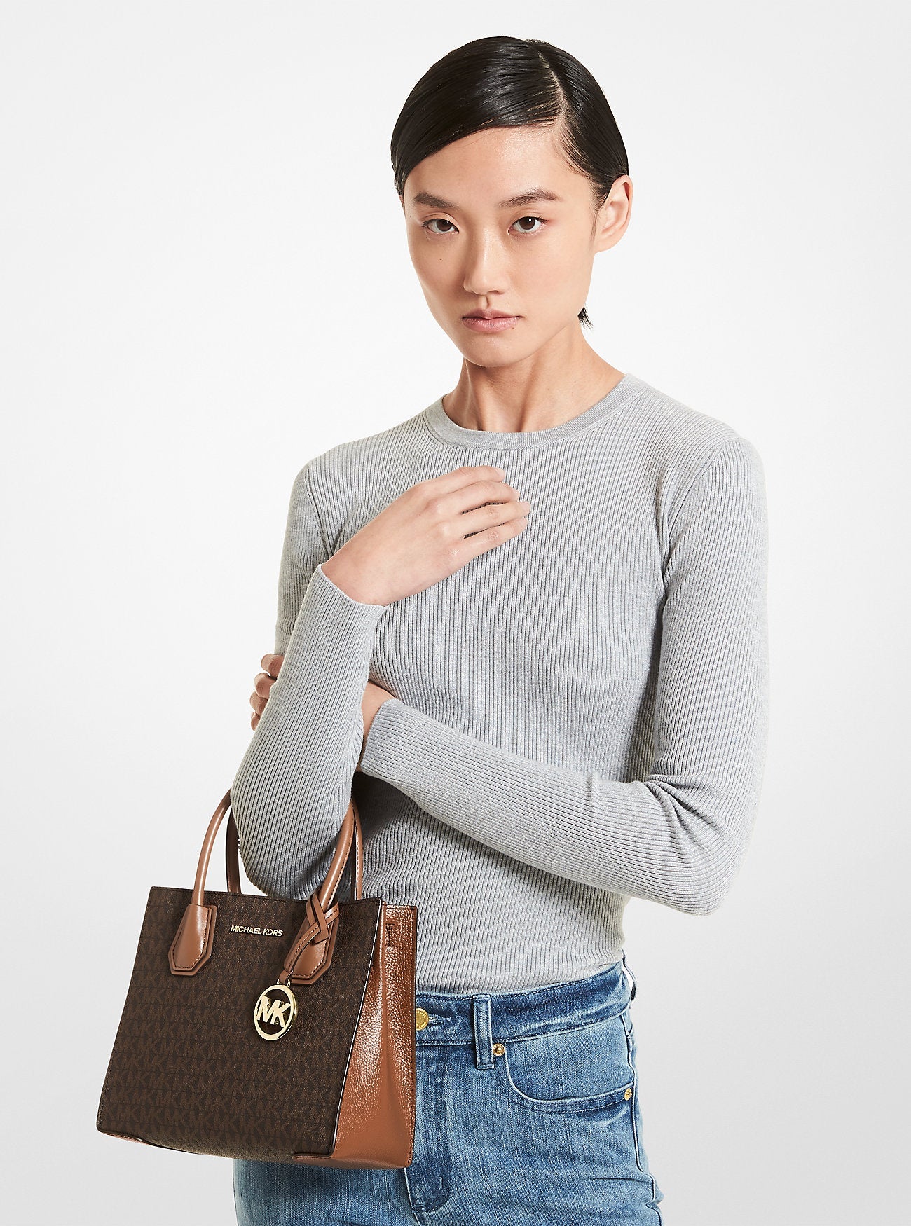 Michael Kors Mercer Medium Logo and Leather Accordion Crossbody Bag Brown