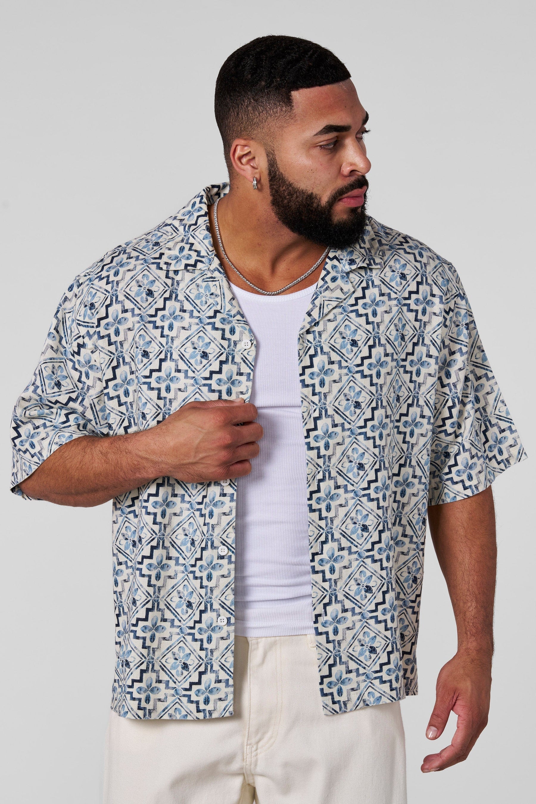 YoungLA 4093 - Mosaic Linen Button-Ups 'Cream Mosaic'