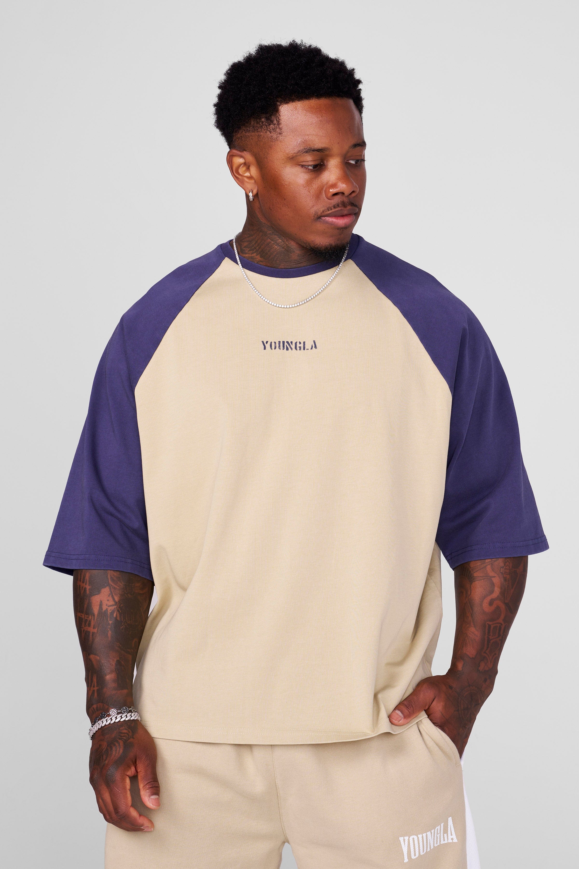 YoungLA 4139 - Oversized Baseball Tees 'Tan Navy'