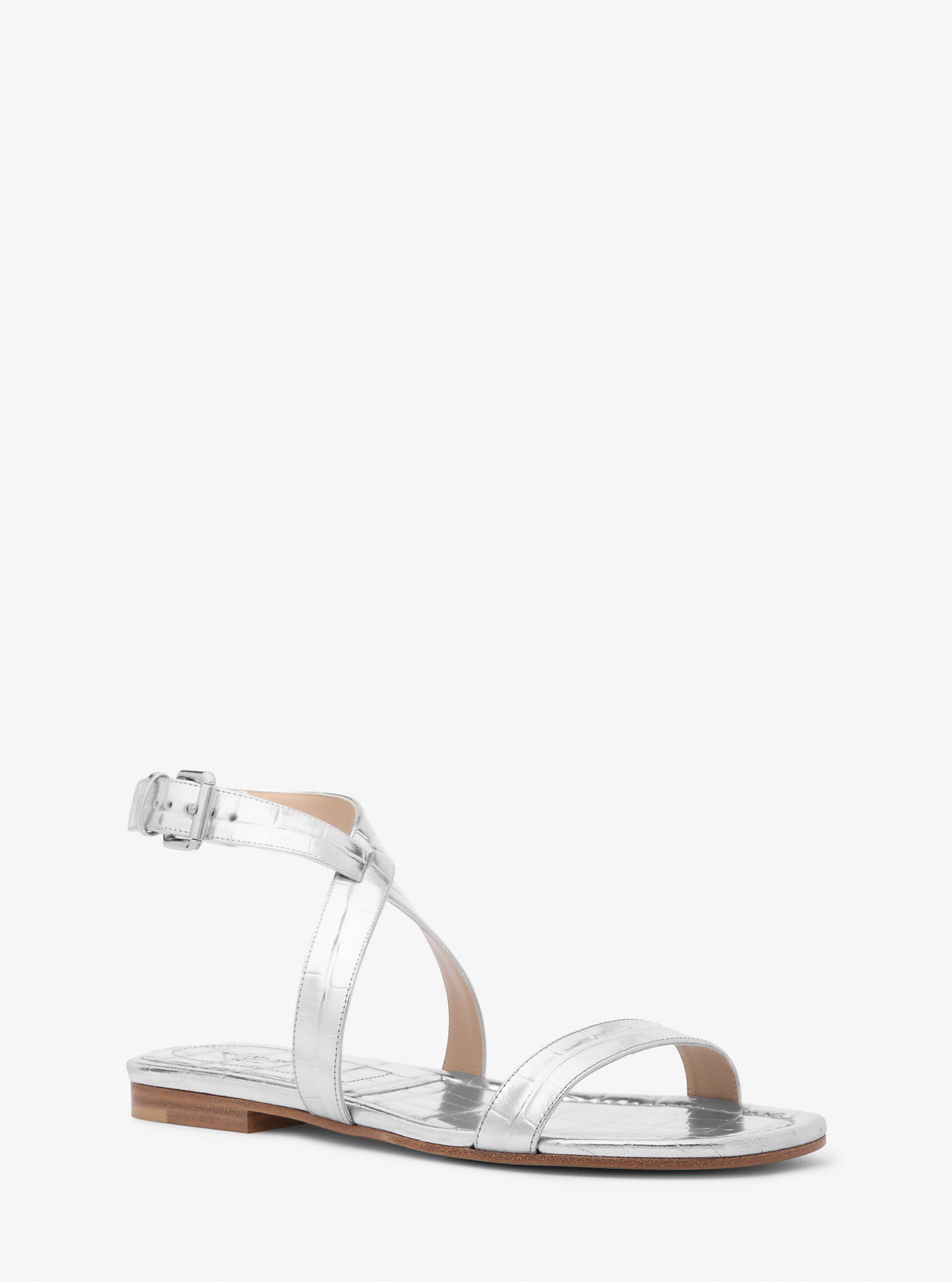 Bridgette Metallic Crocodile Embossed Leather Sandal SILVER