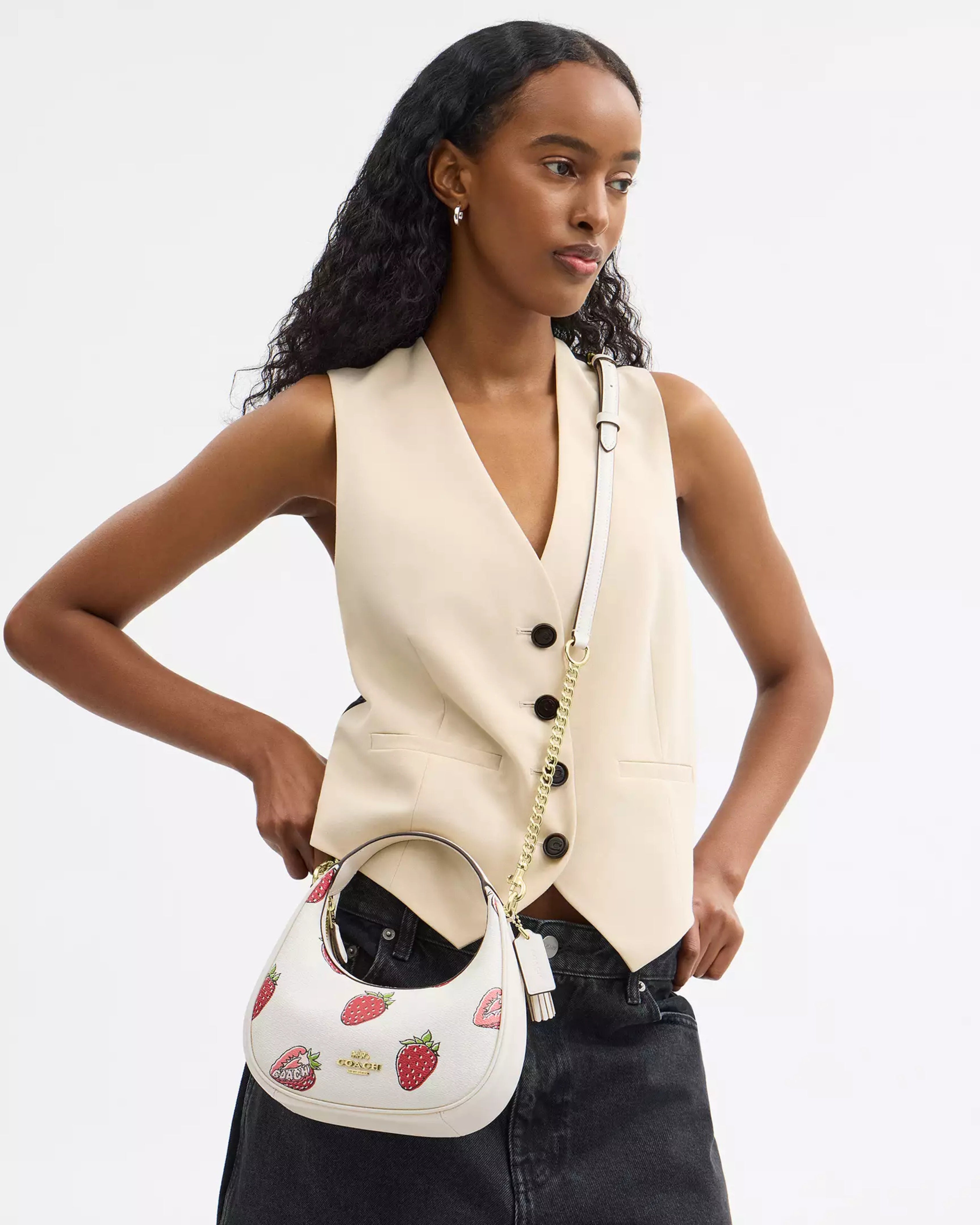 Coach Carmen Mini Crossbody Bag With Strawberry Print 'Gold/Chalk Multi'