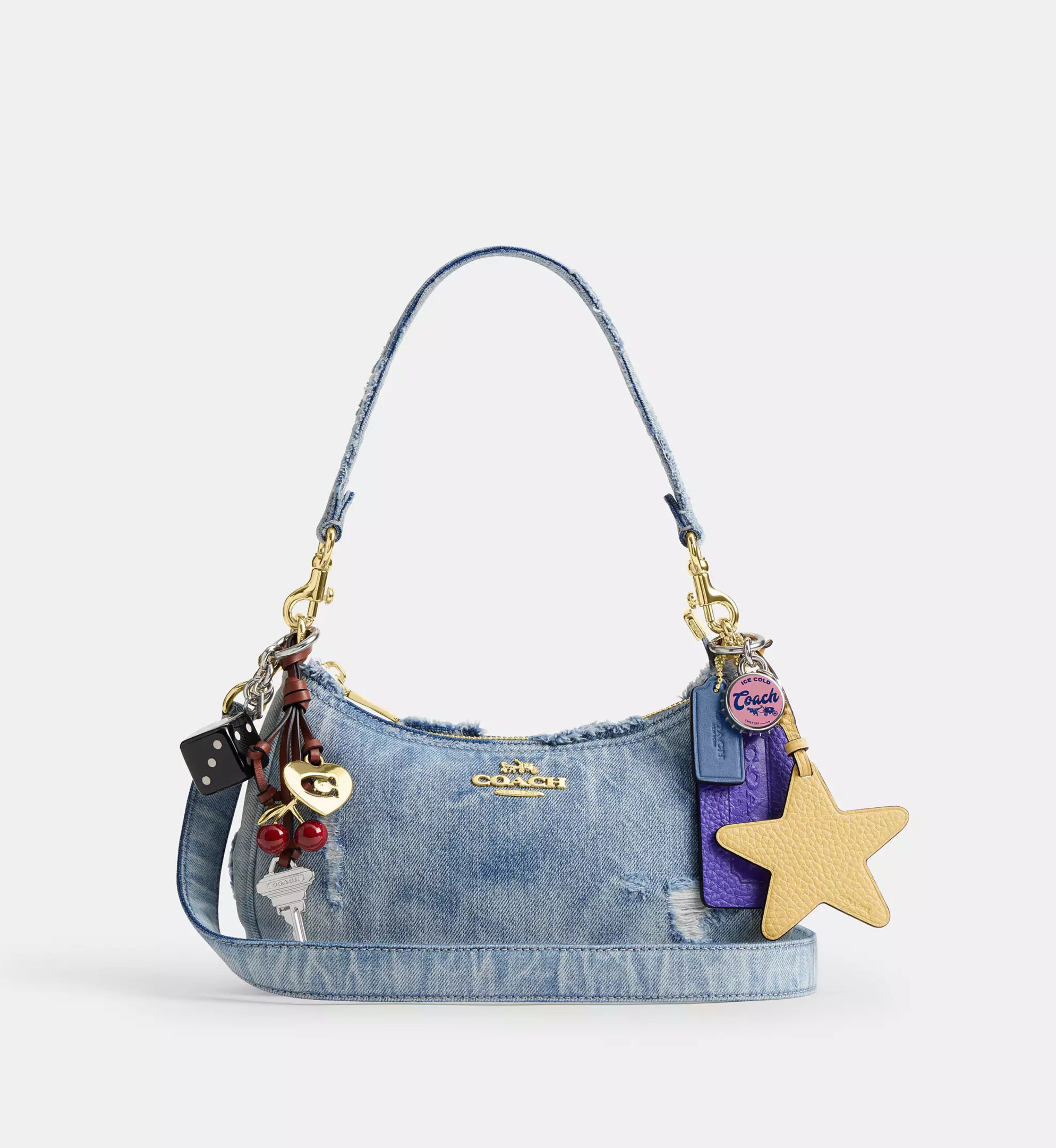 Coach Teri Shoulder Bag In Loved Denim With Charms 'Denim Gold Light Indigo'