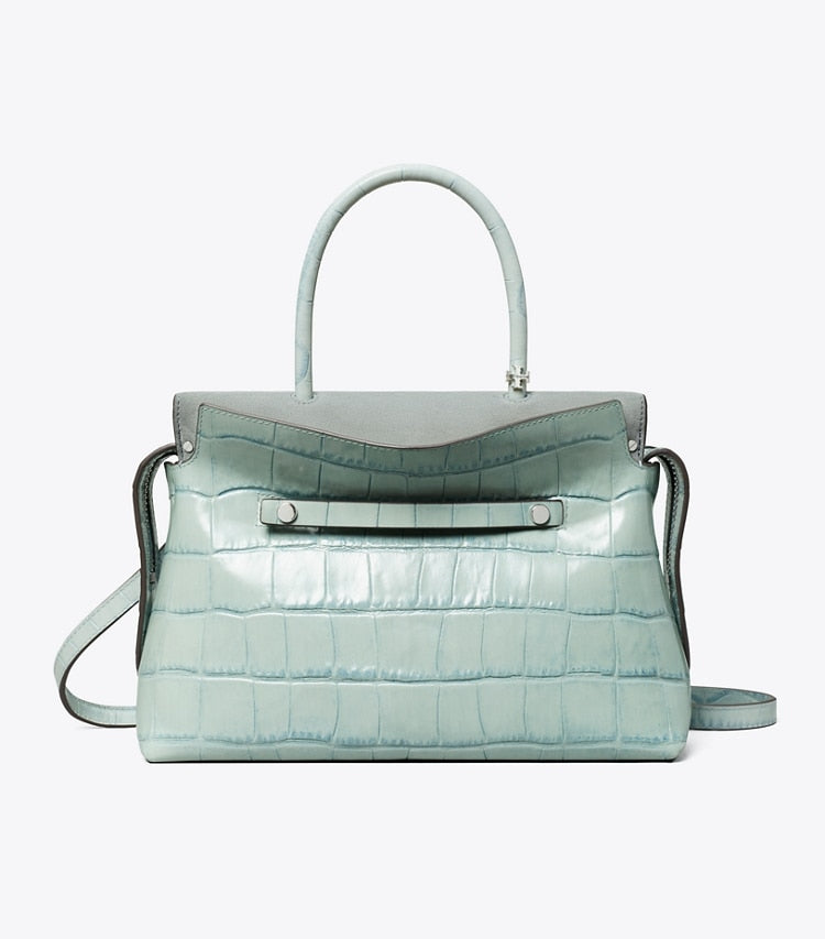 Tory Burch Mercer Croc-Embossed Satchel Blue Celadon