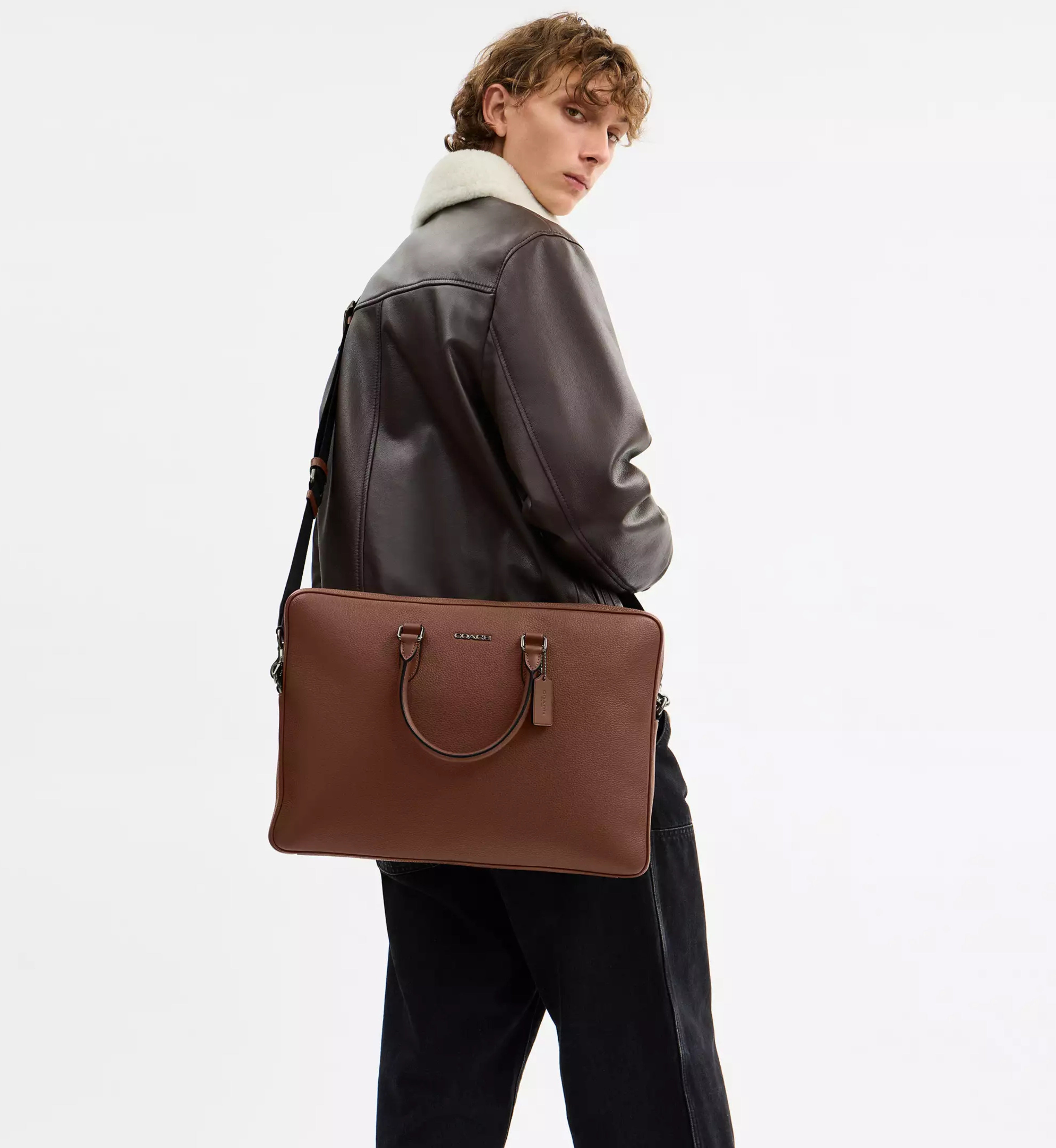 Coach Ethan Large Brief 'Pebbled Leather Gunmetal Saddle'