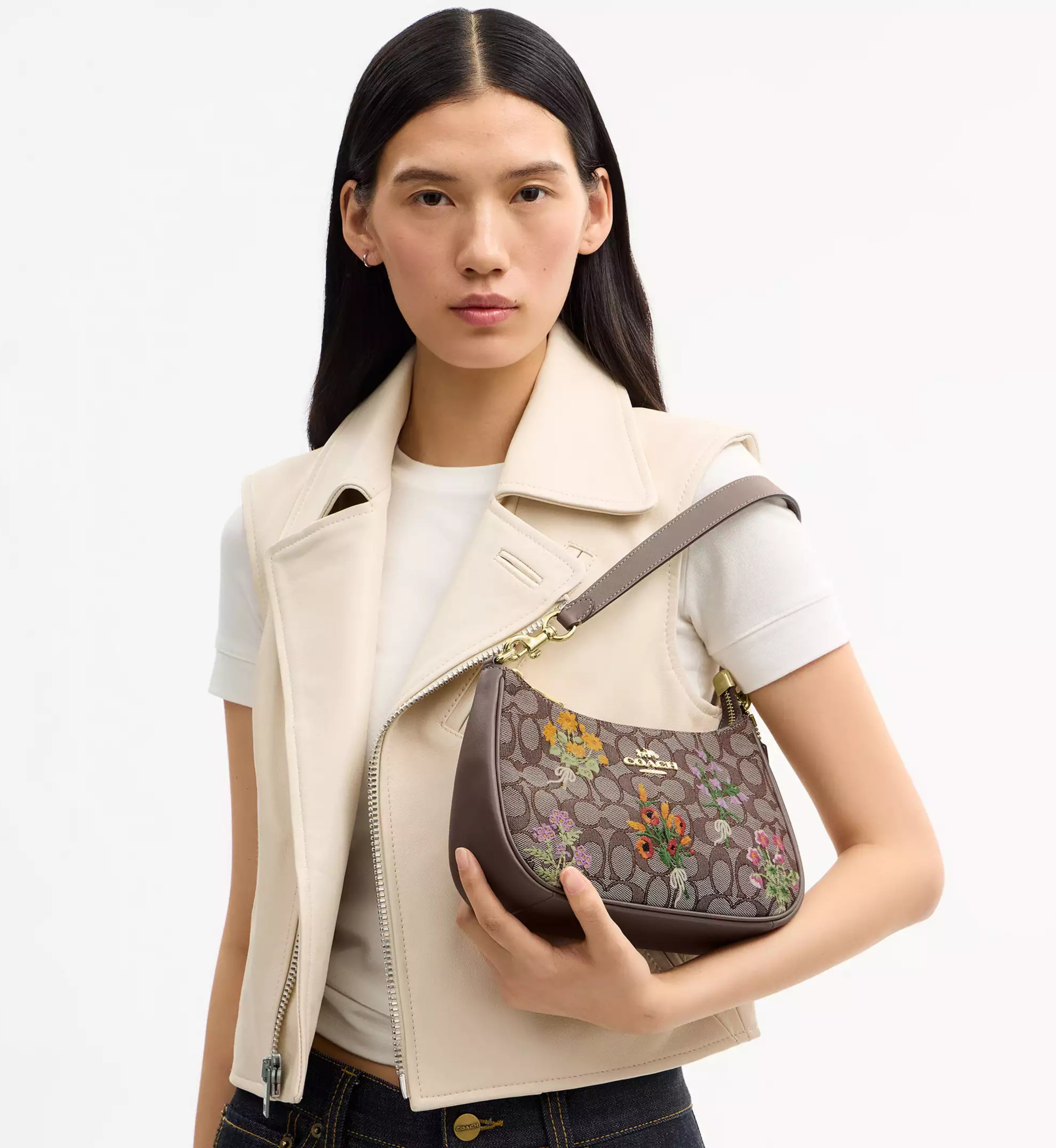 Coach Teri Shoulder Bag In Signature Jacquard With Floral Embroidery 'Signature Jacquard Gold Oak Multi'