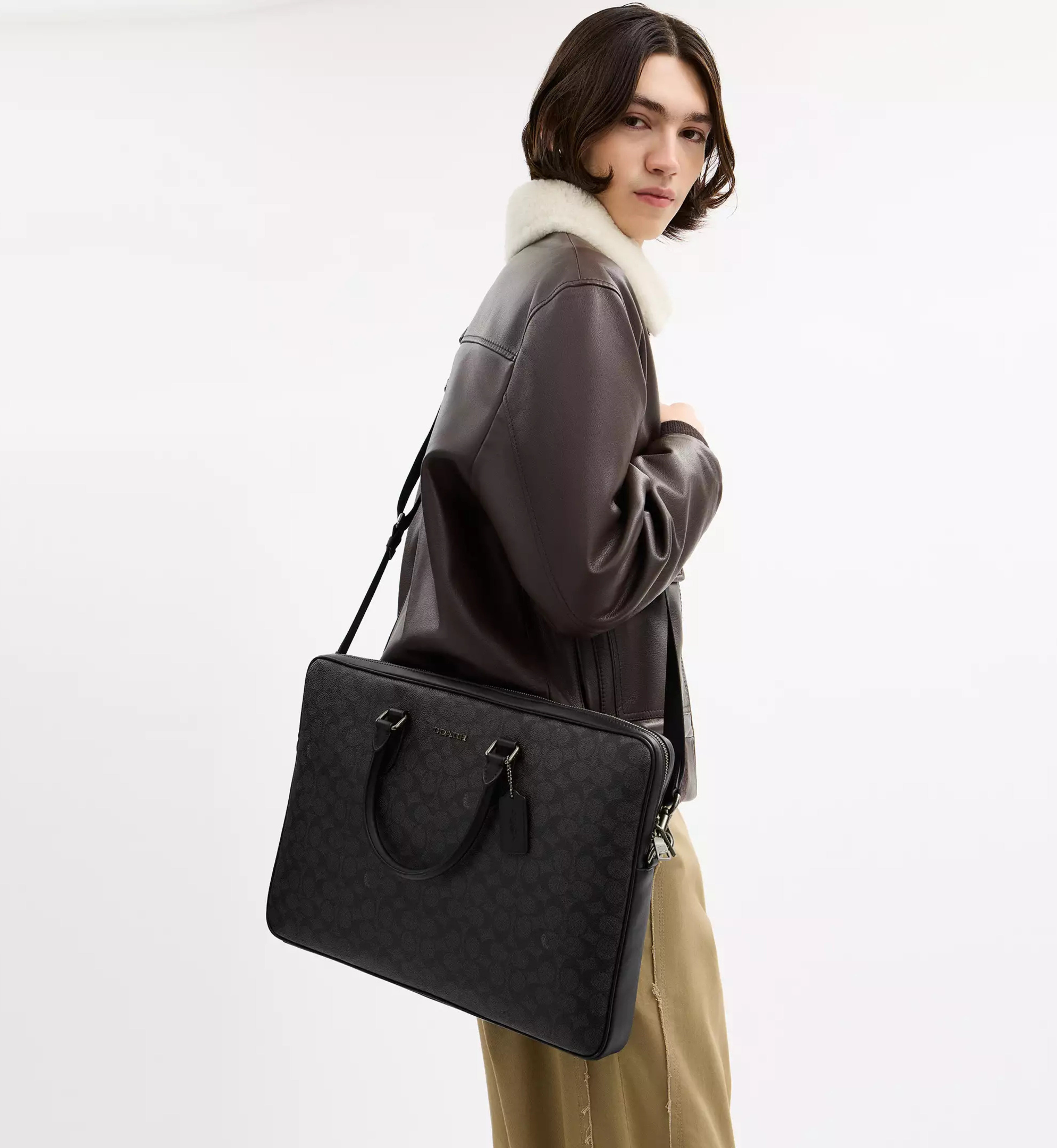 Coach Ethan Large Brief In Signature Canvas 'Signature Canvas Gunmetal Charcoal Black'