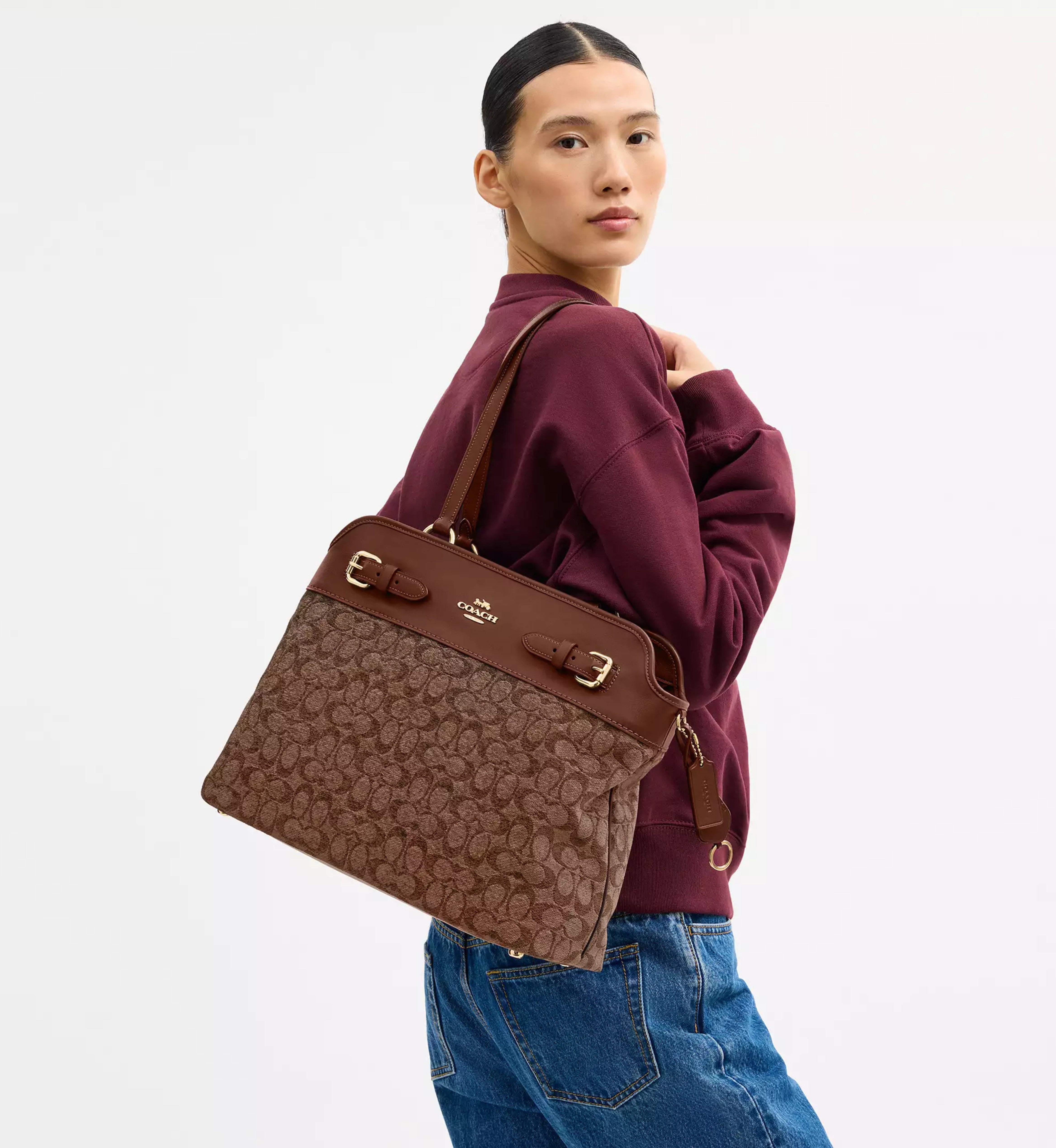 Coach Easton Tote Bag In Signature Chenille 'Smooth Leather Gold Light Khaki Vintage Brown'