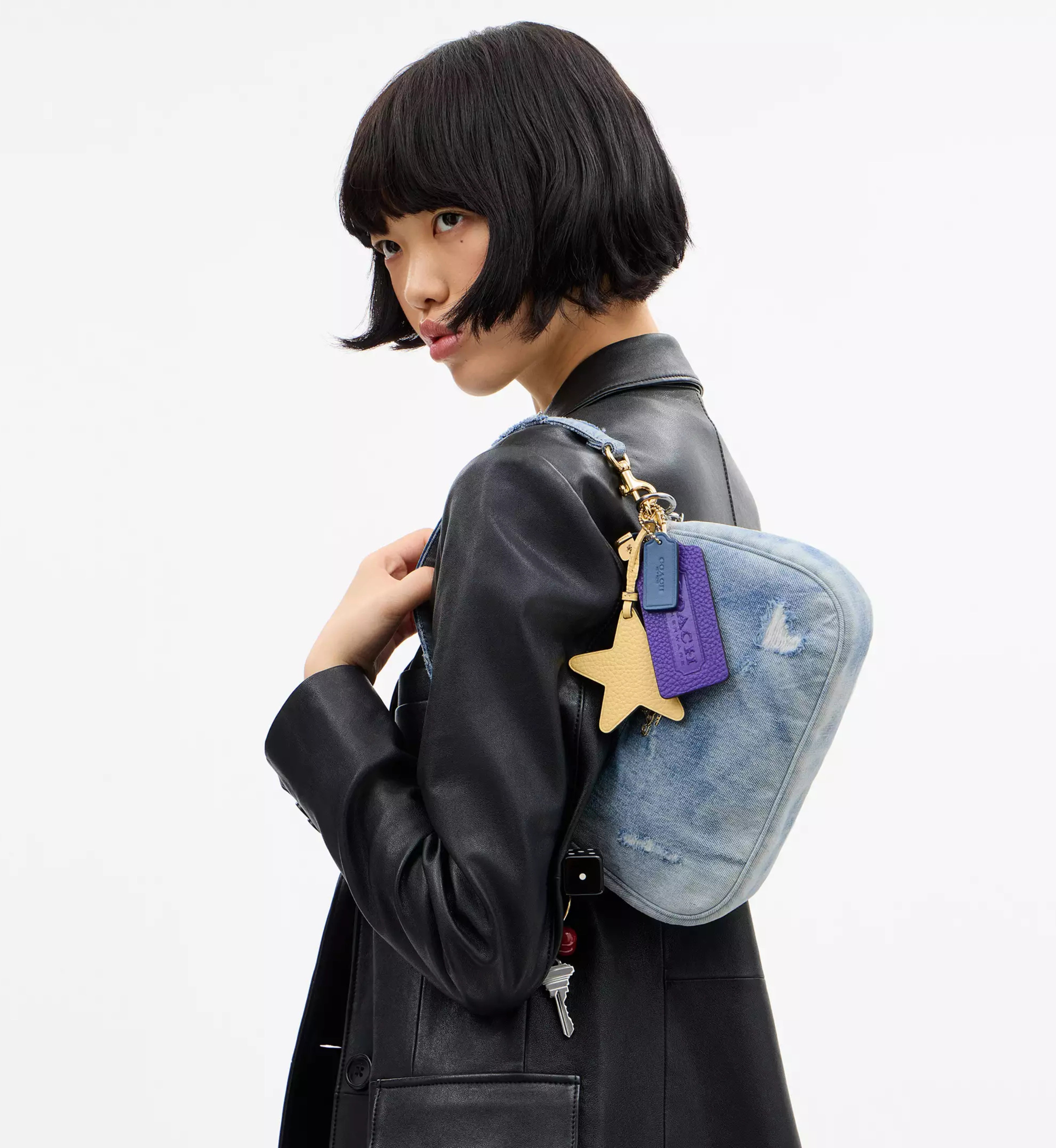 Coach Teri Shoulder Bag In Loved Denim With Charms 'Denim Gold Light Indigo'