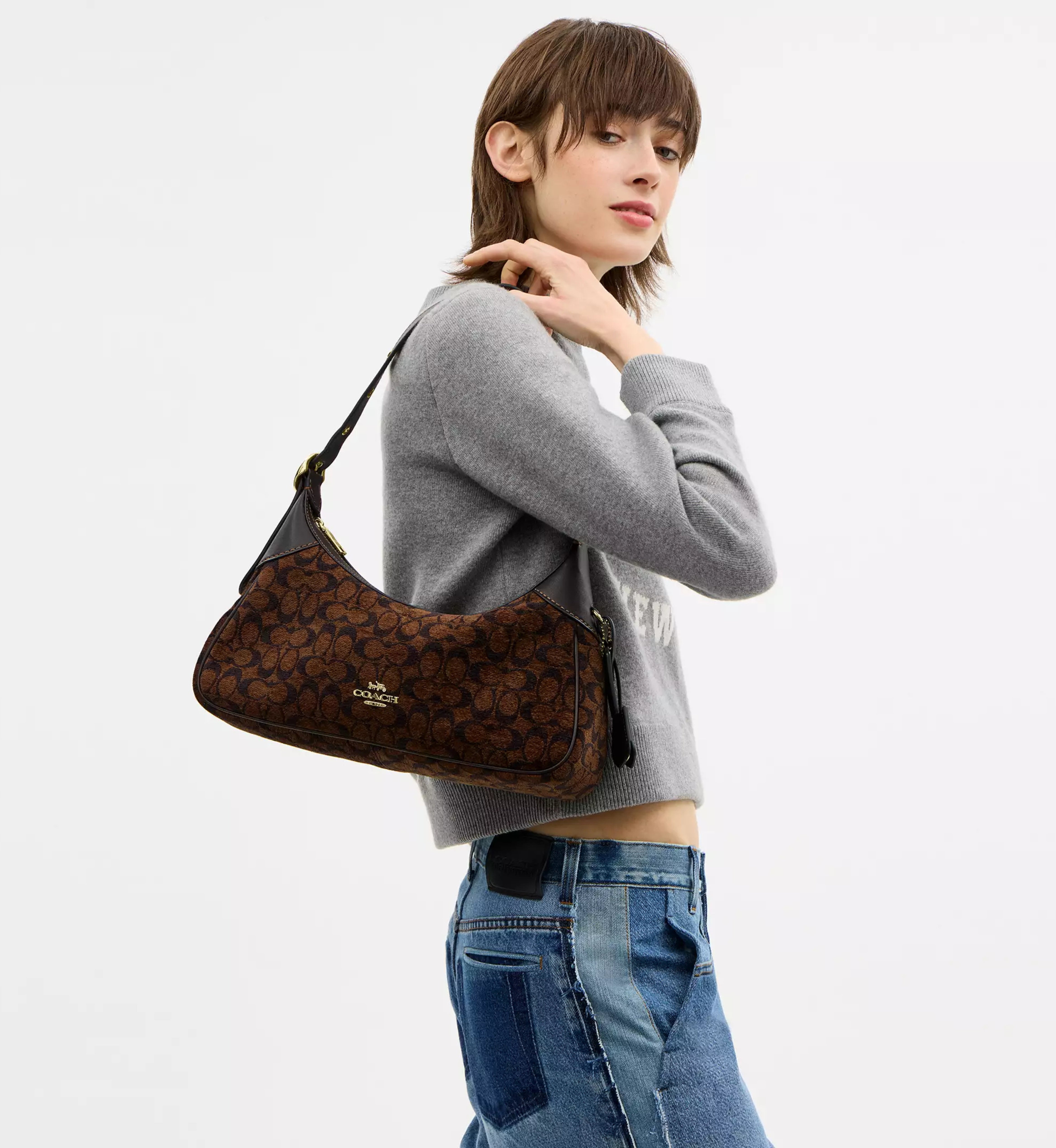 Coach Ella Small Shoulder Bag In Signature Chenille 'Gold Truffle'