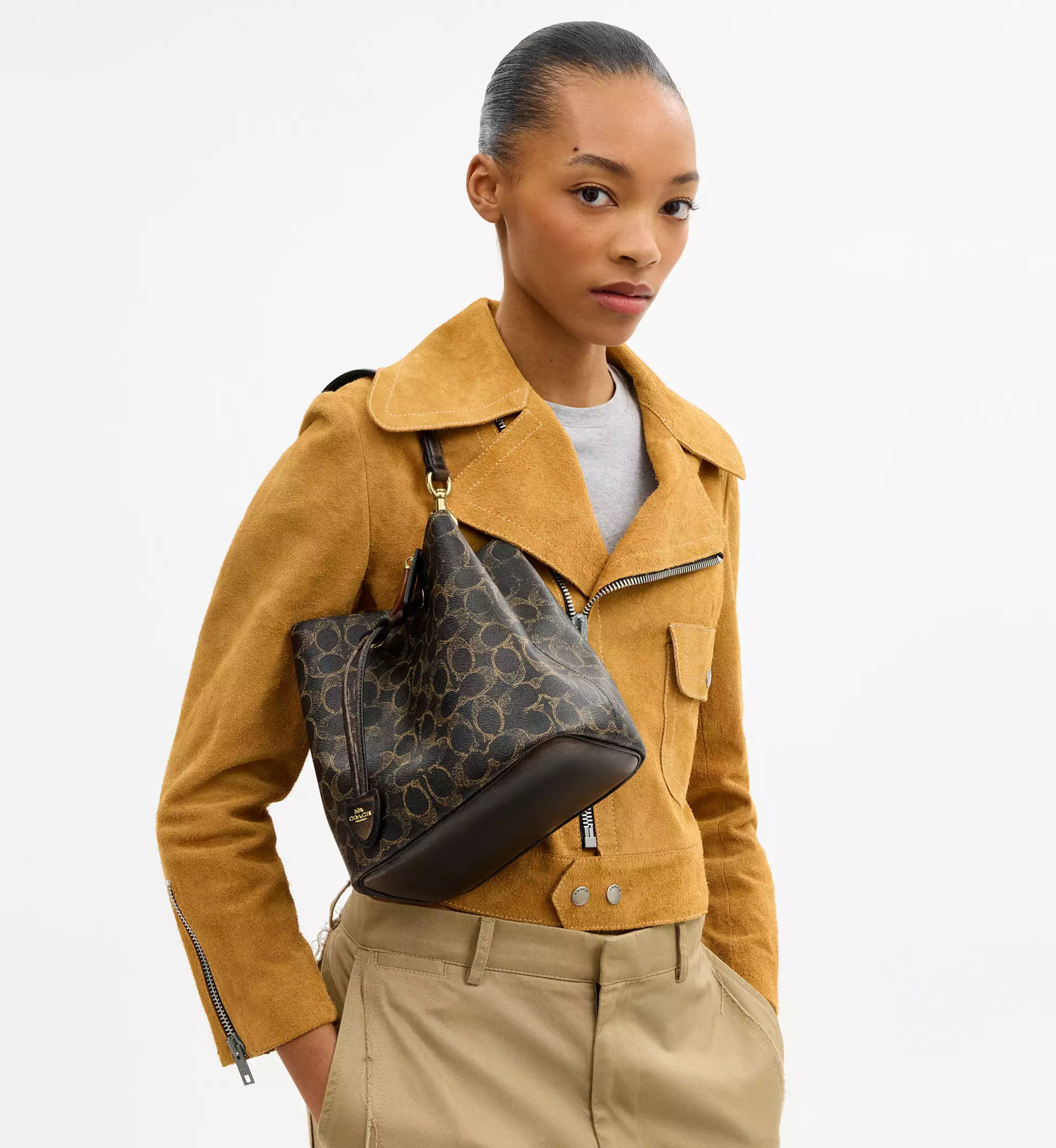 Coach Rowan Bucket Bag In Loved Signature Canvas With Charms 'Signature Canvas Gold Brown'