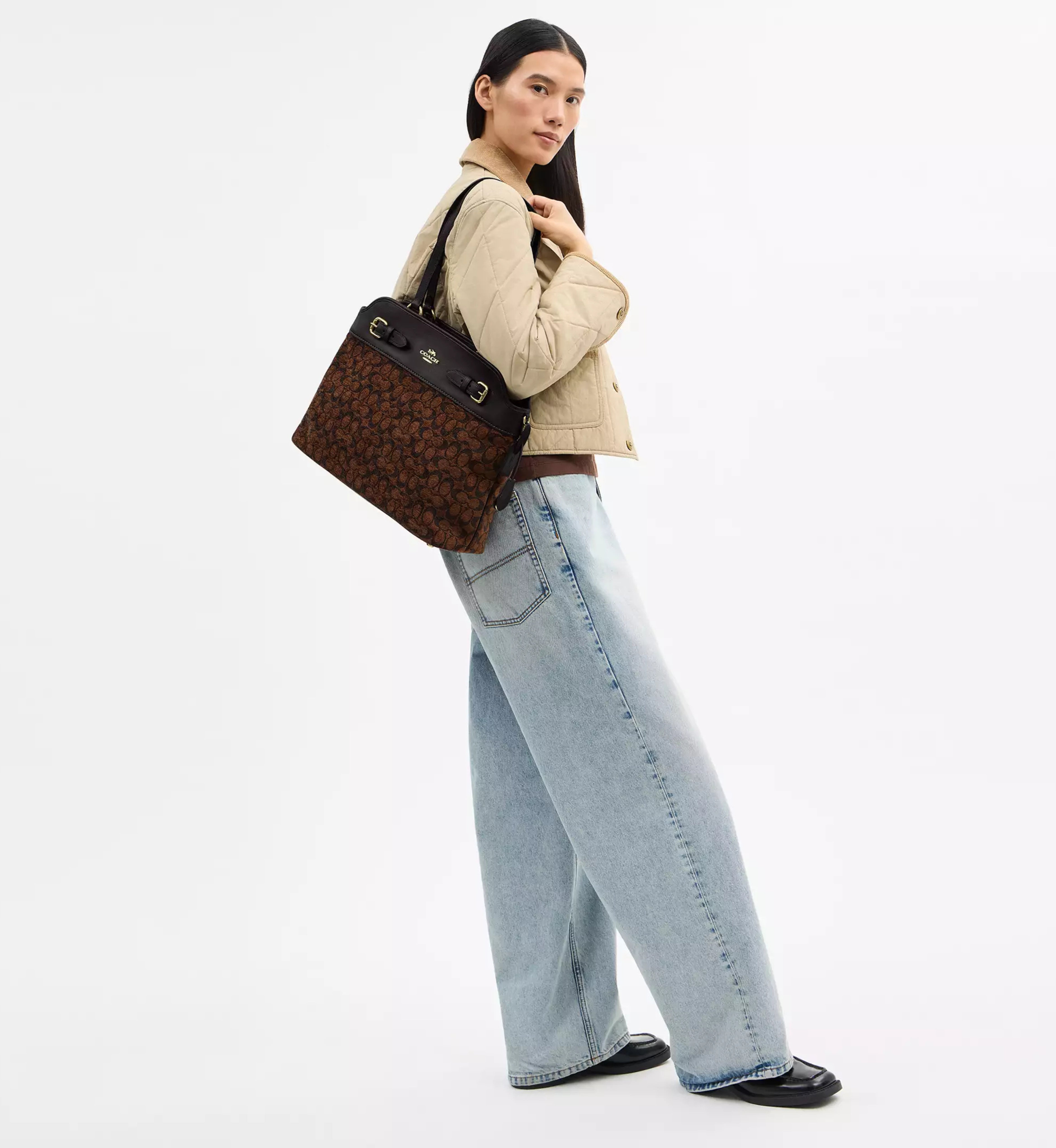 Coach Easton Tote Bag In Signature Chenille 'Smooth Leather Gold Truffle'