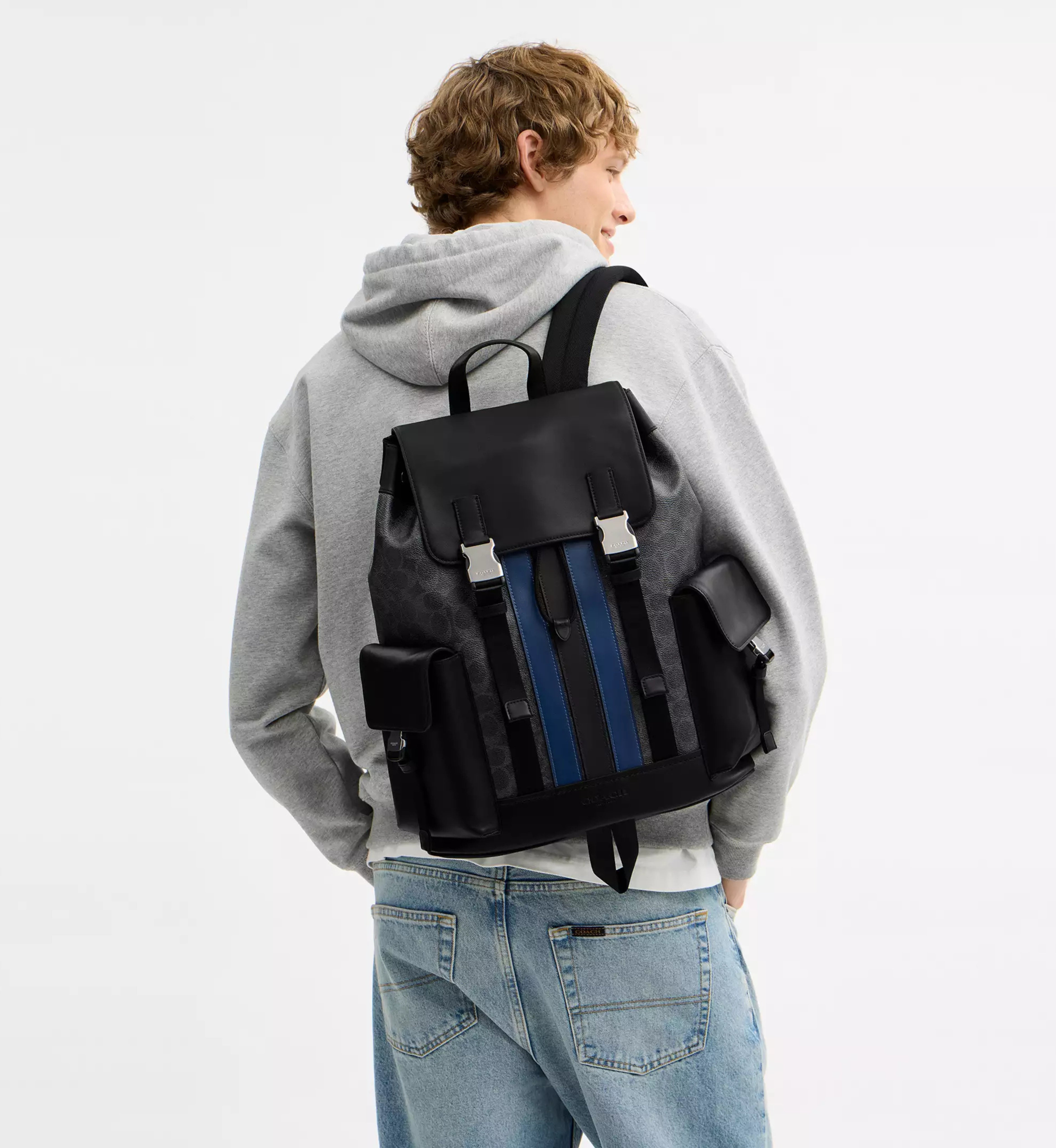 Coach Clark Backpack In Signature Canvas With Varsity Stripe 'Signature Canvas Silver Black Multi'
