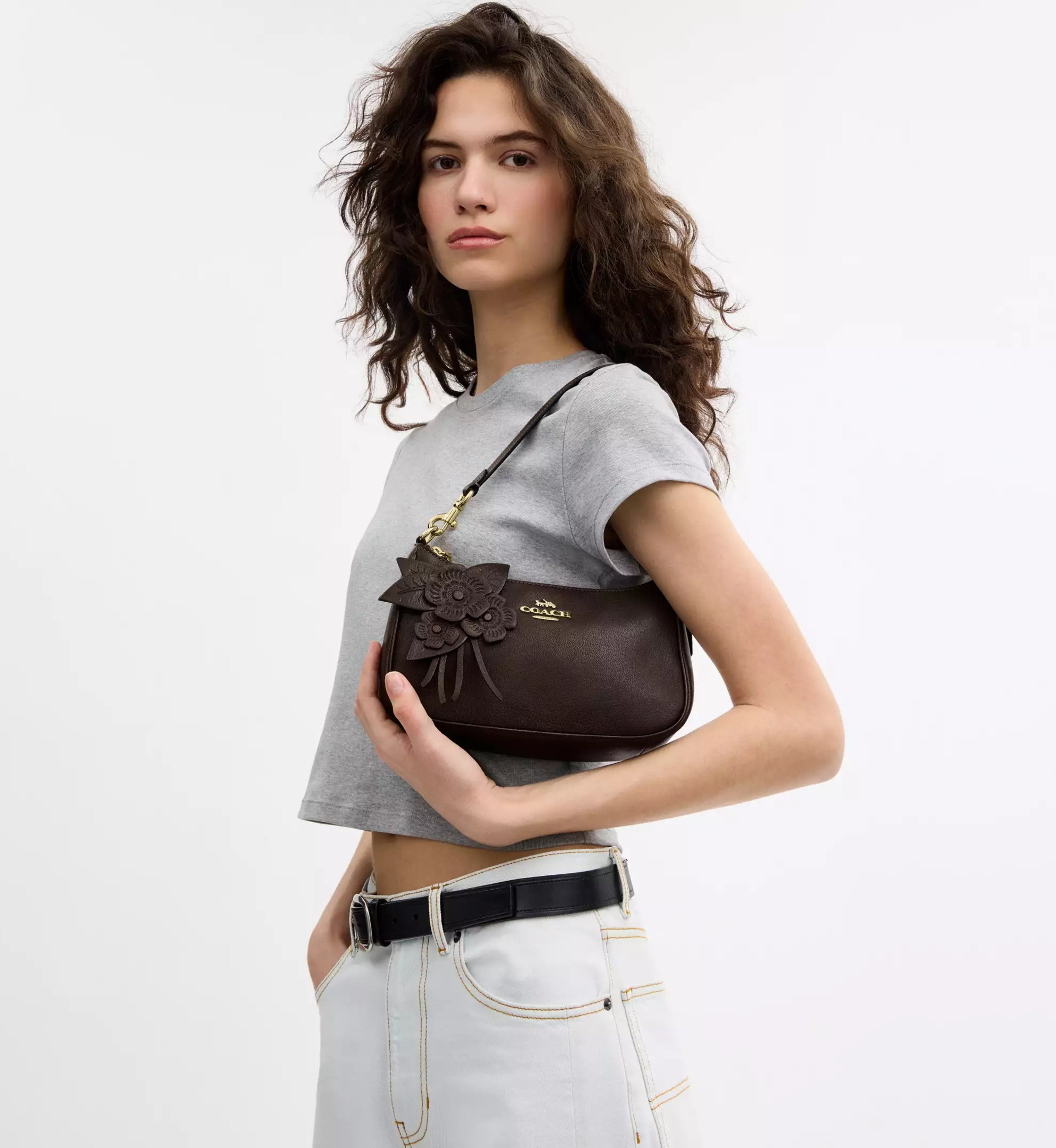 Coach Teri Shoulder Bag With Floral Applique 'Smooth Leather Gold Maple'