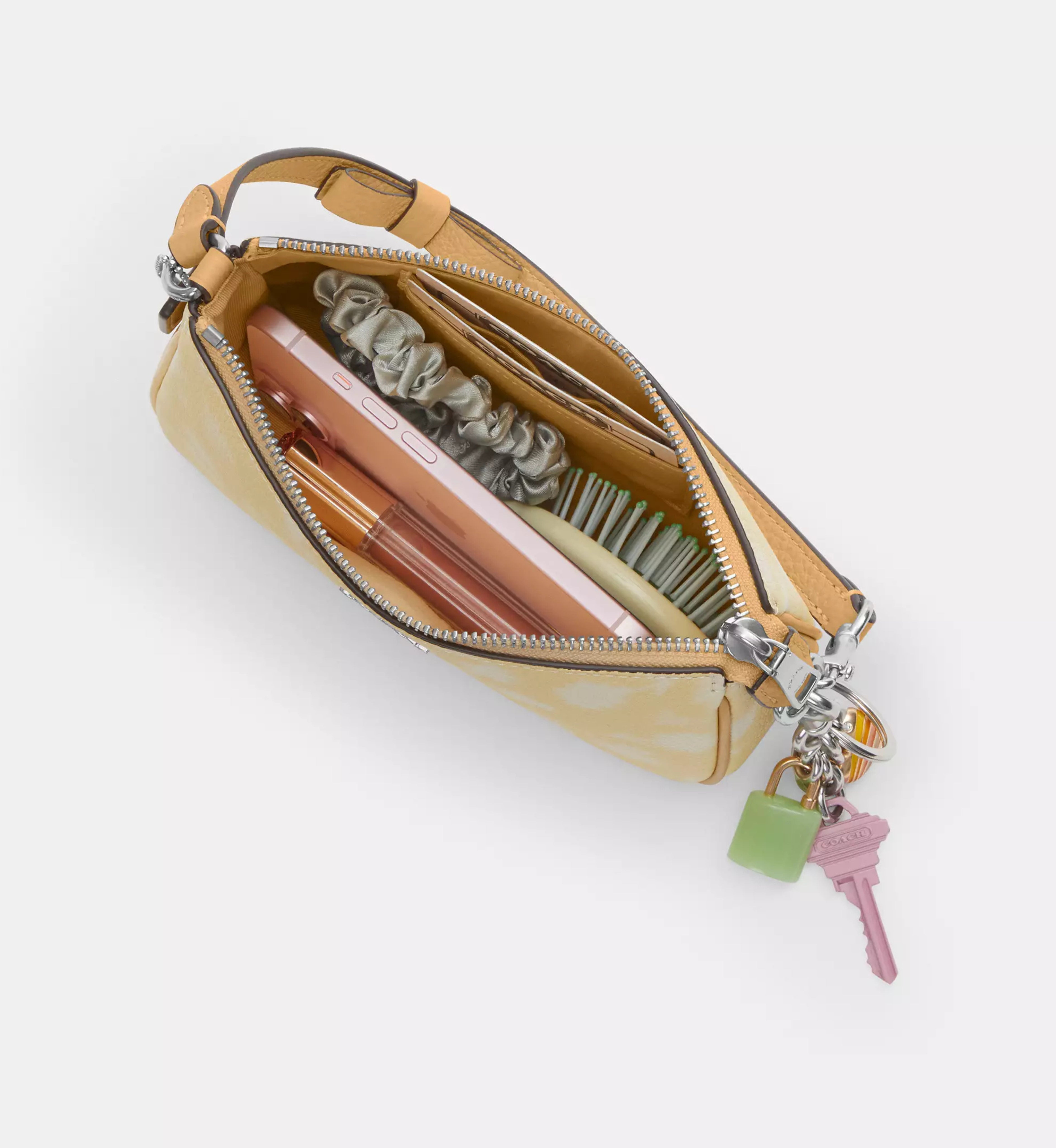 Coach Nolita 19 With Floral Print And Bow 'Pebbled Leather Silver Washed Yellow'