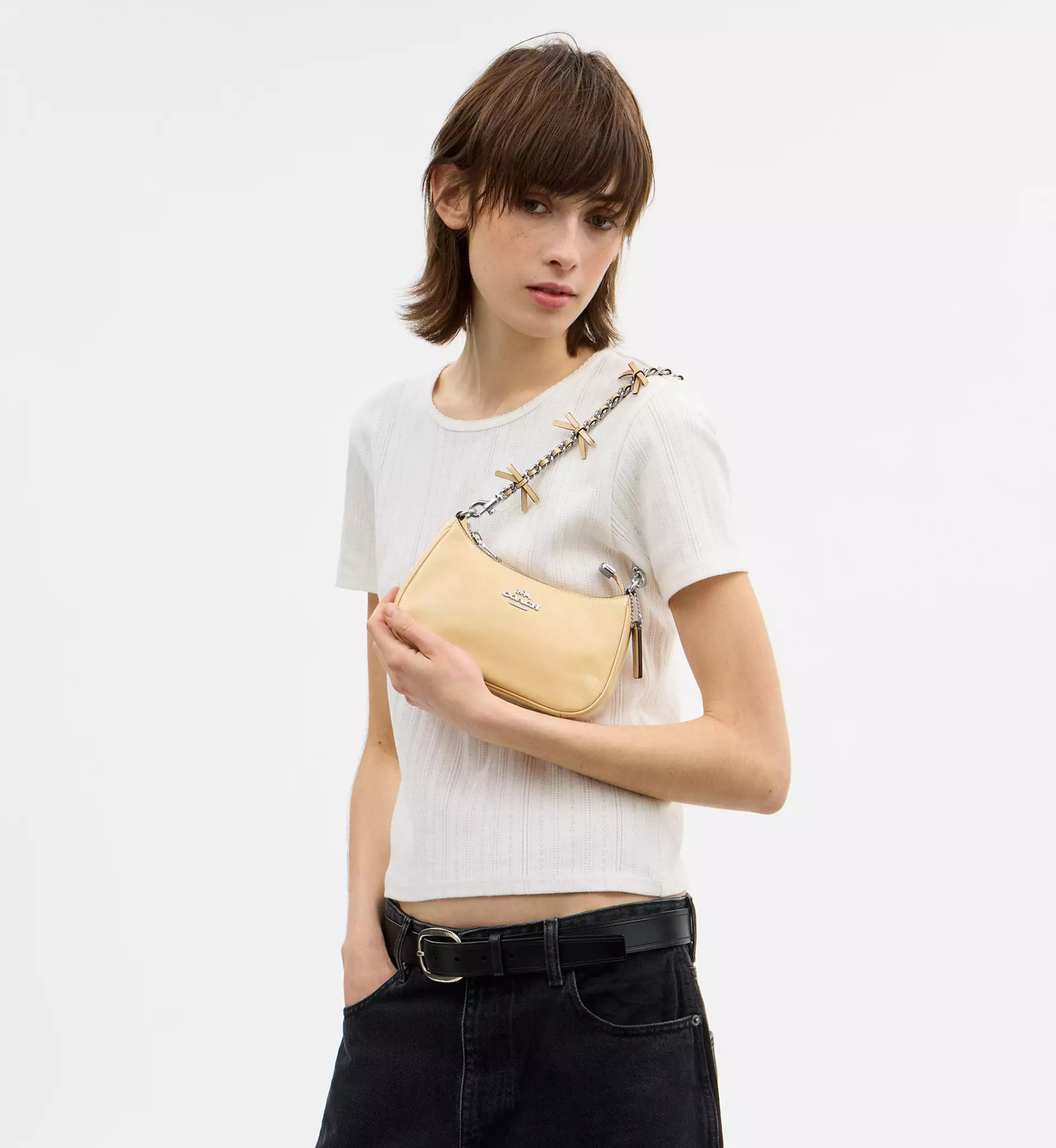 Coach Teri Mini Crossbody Bag With Bows 'Crinkle Leather Silver Light Sand'