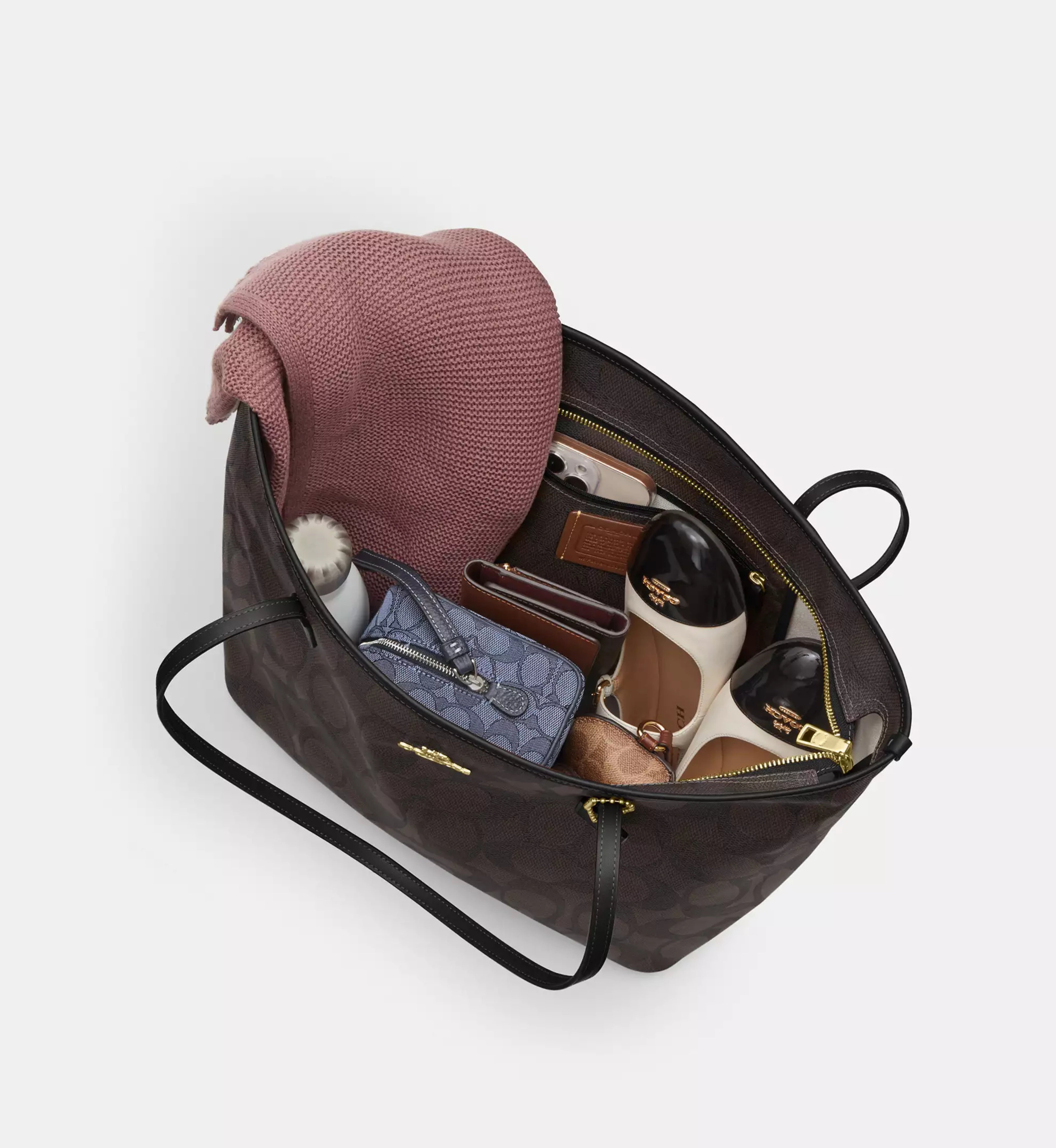 Coach Large City Tote Bag In Maxi Signature Canvas 'Signature Canvas Gold Walnut Black'