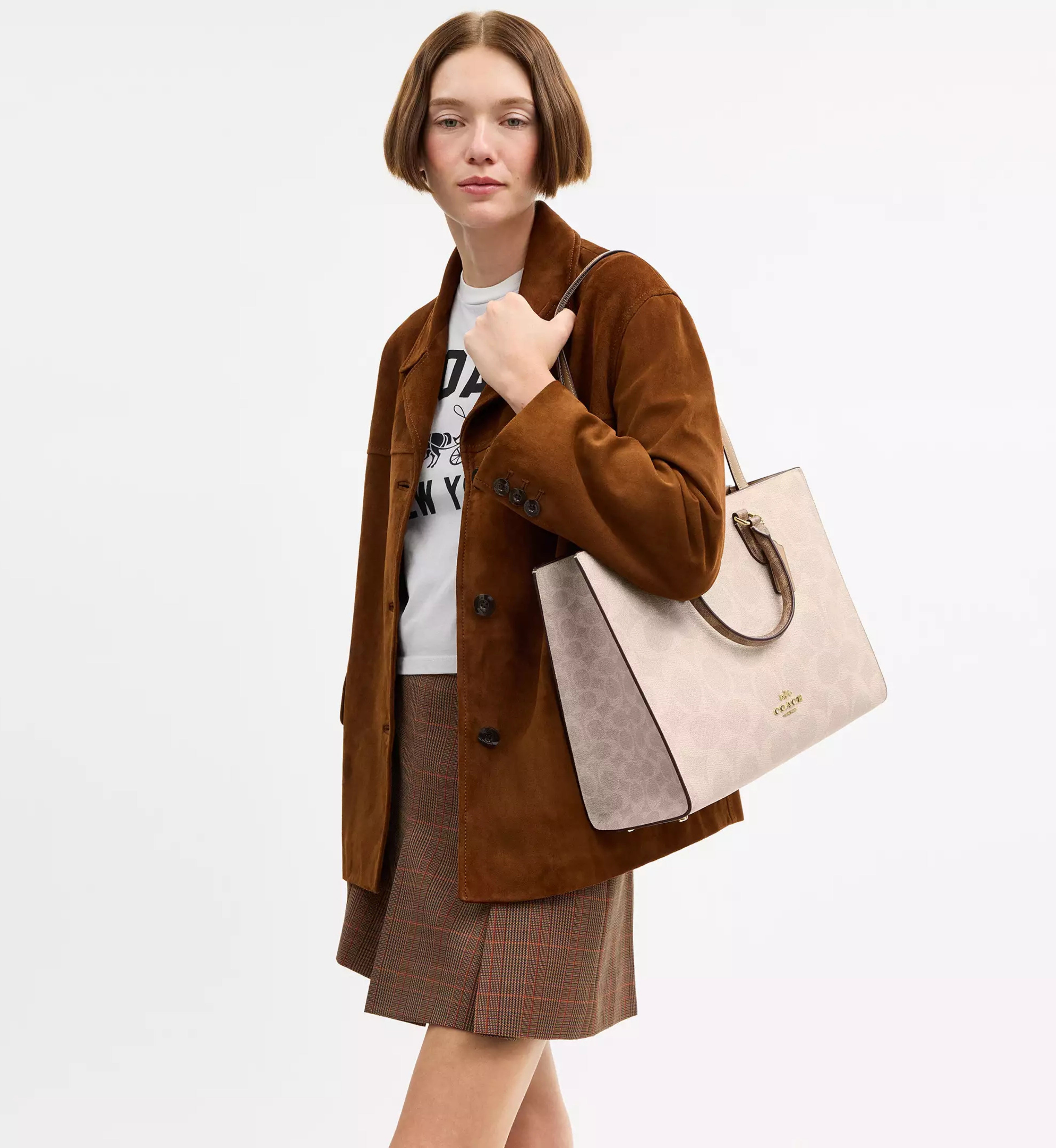 Coach Maggie Tote Bag In Blocked Signature Canvas 'Signature Canvas Gold Sand Tan'