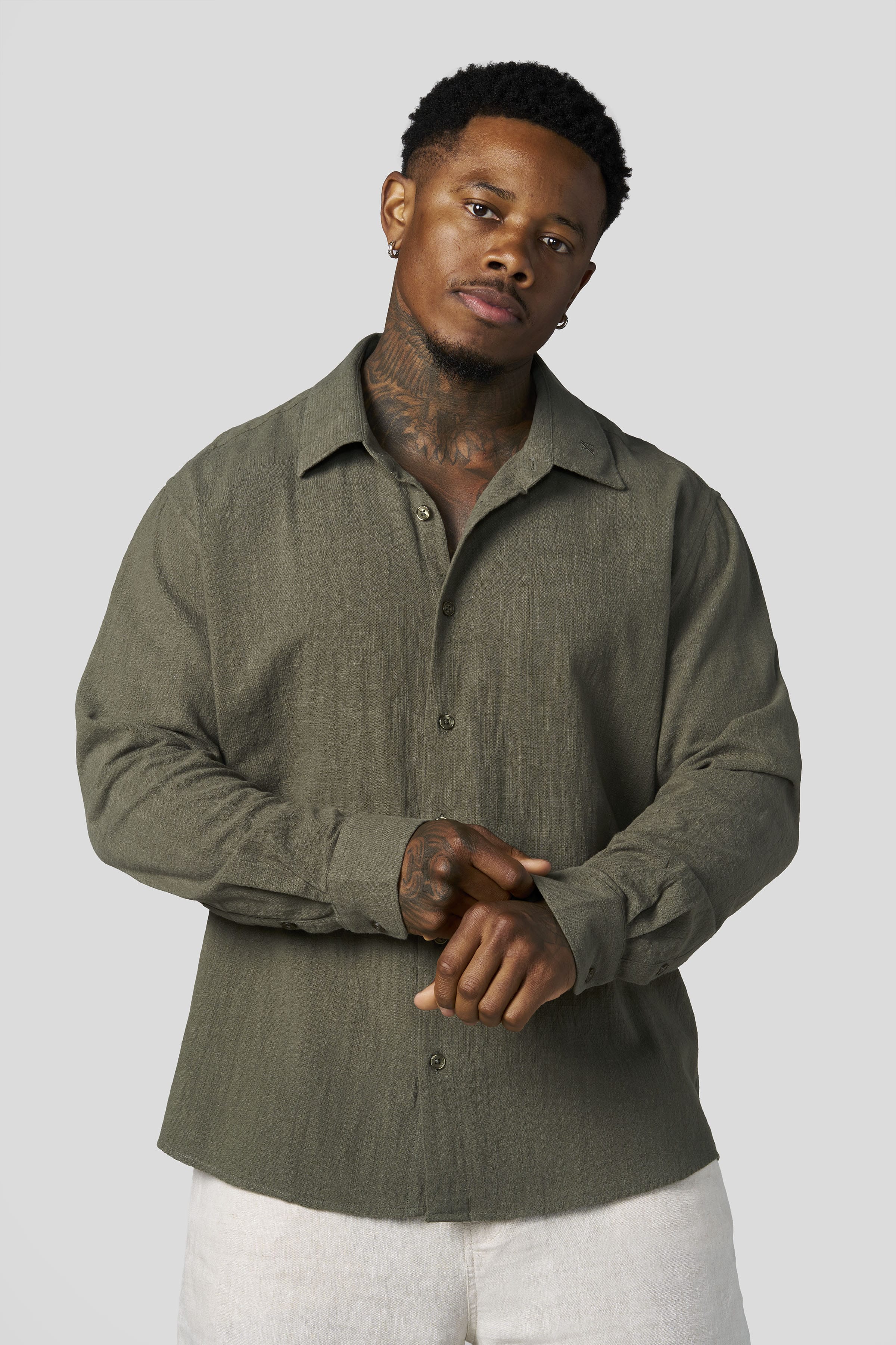Young La 8095 - Cotton Linen Button-Ups 'Olive'