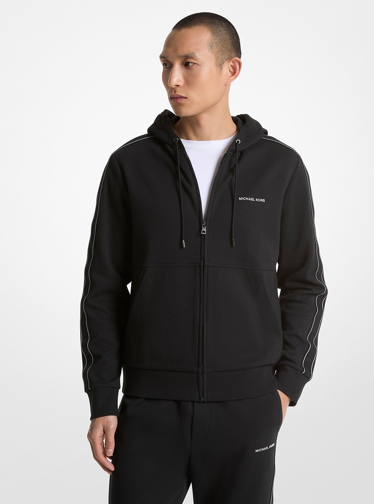 Logo Tape Cotton Blend Zip-Up Hoodie BLACK