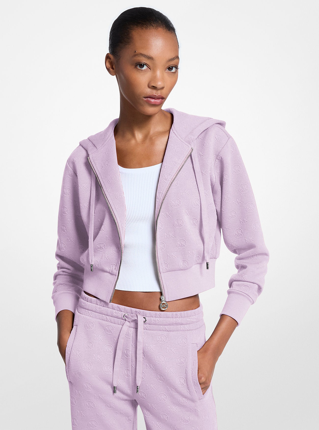 Logo Jacquard Charm Jacquard Cropped Zip-Up Hoodie QUARTZ