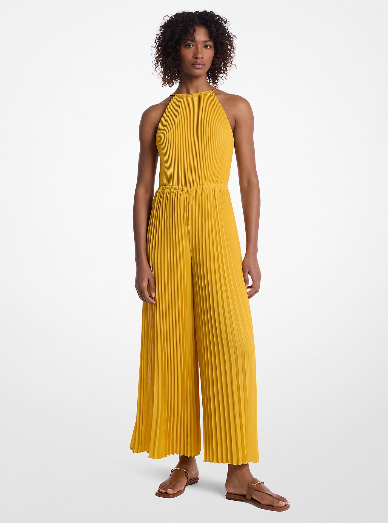 Pleated Embellished Georgette Halter Jumpsuit DAISY YELLOW