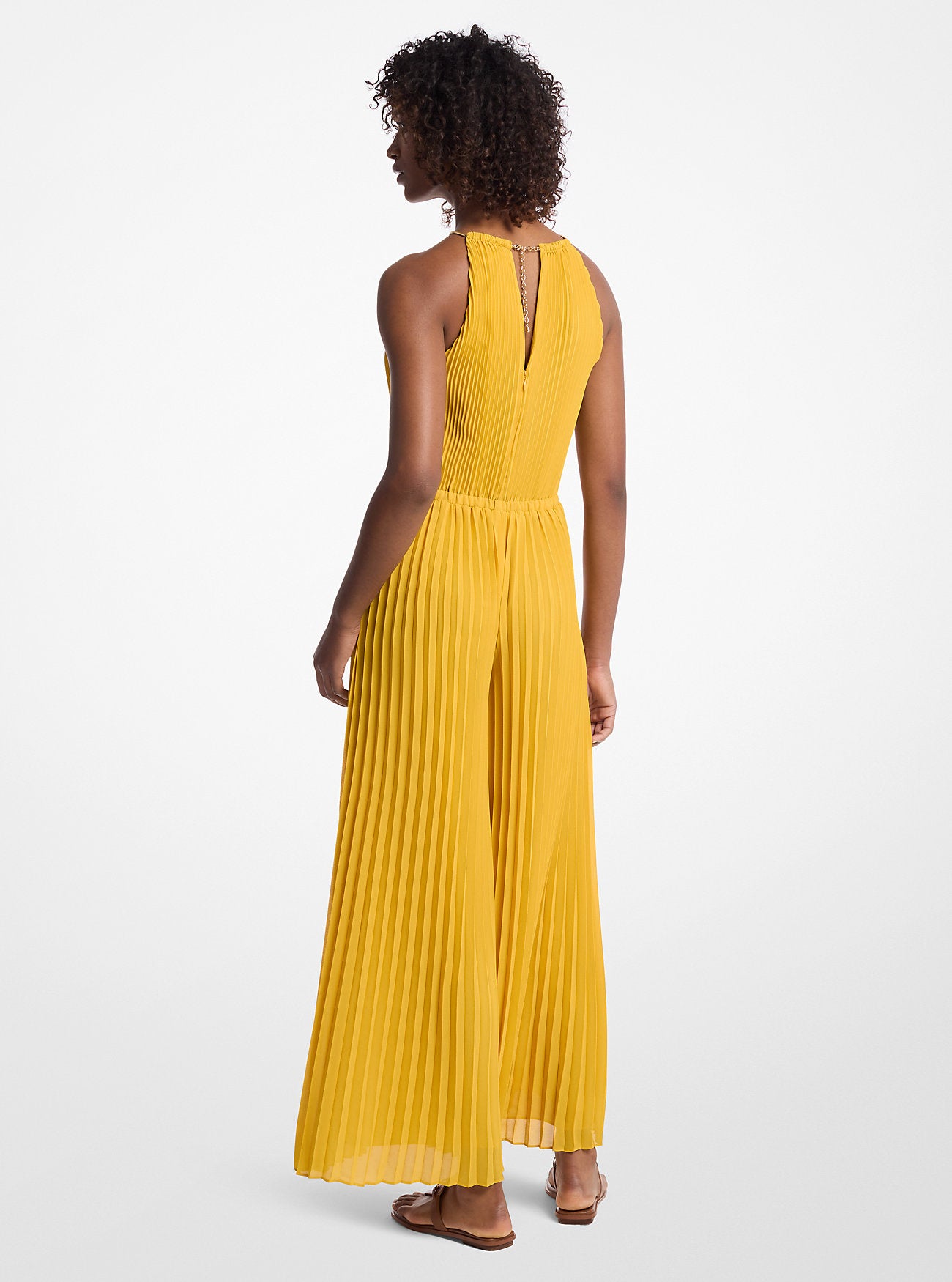 Pleated Embellished Georgette Halter Jumpsuit DAISY YELLOW