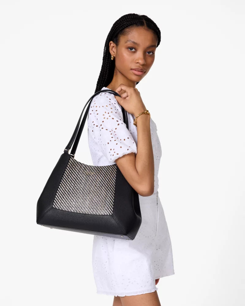 Kate Spade Lena Straw Triple Compartment Shoulder Bag 'Black Multi'