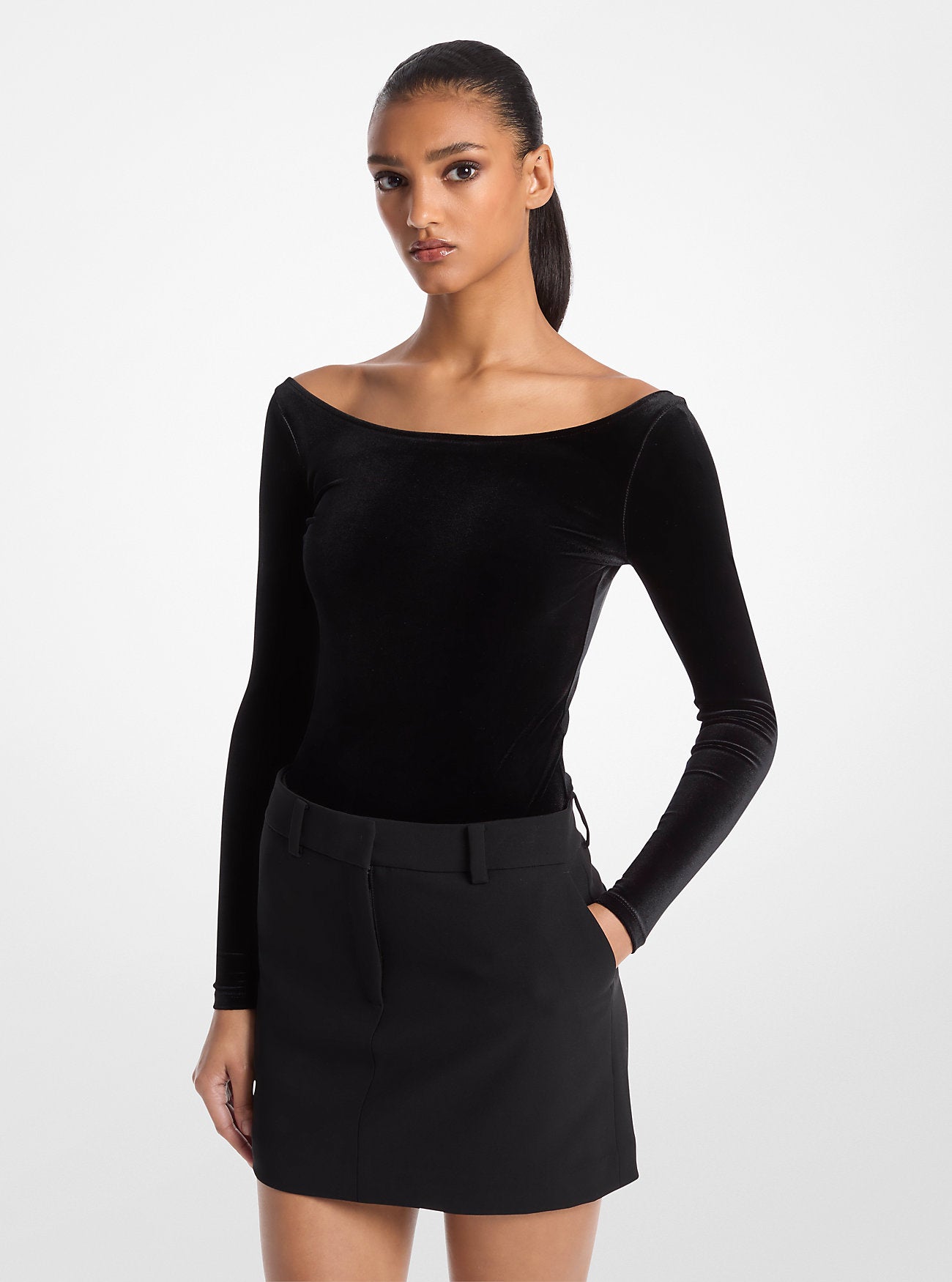 Stretch Velvet Bodysuit BLACK