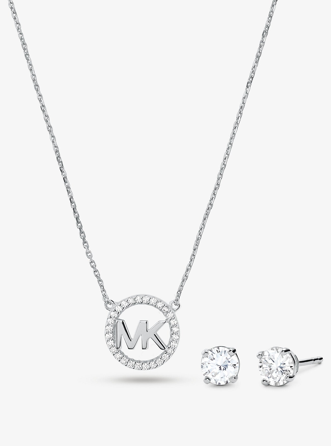 14K Rose Gold-Plated Sterling Silver Pavé Logo Charm Necklace and Stud Earrings Set SILVER
