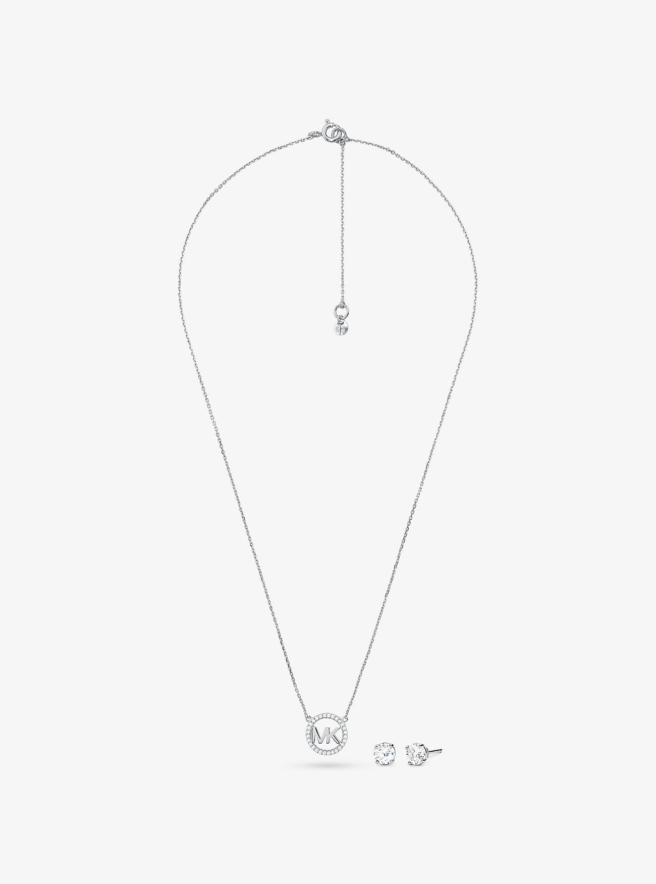 14K Rose Gold-Plated Sterling Silver Pavé Logo Charm Necklace and Stud Earrings Set SILVER