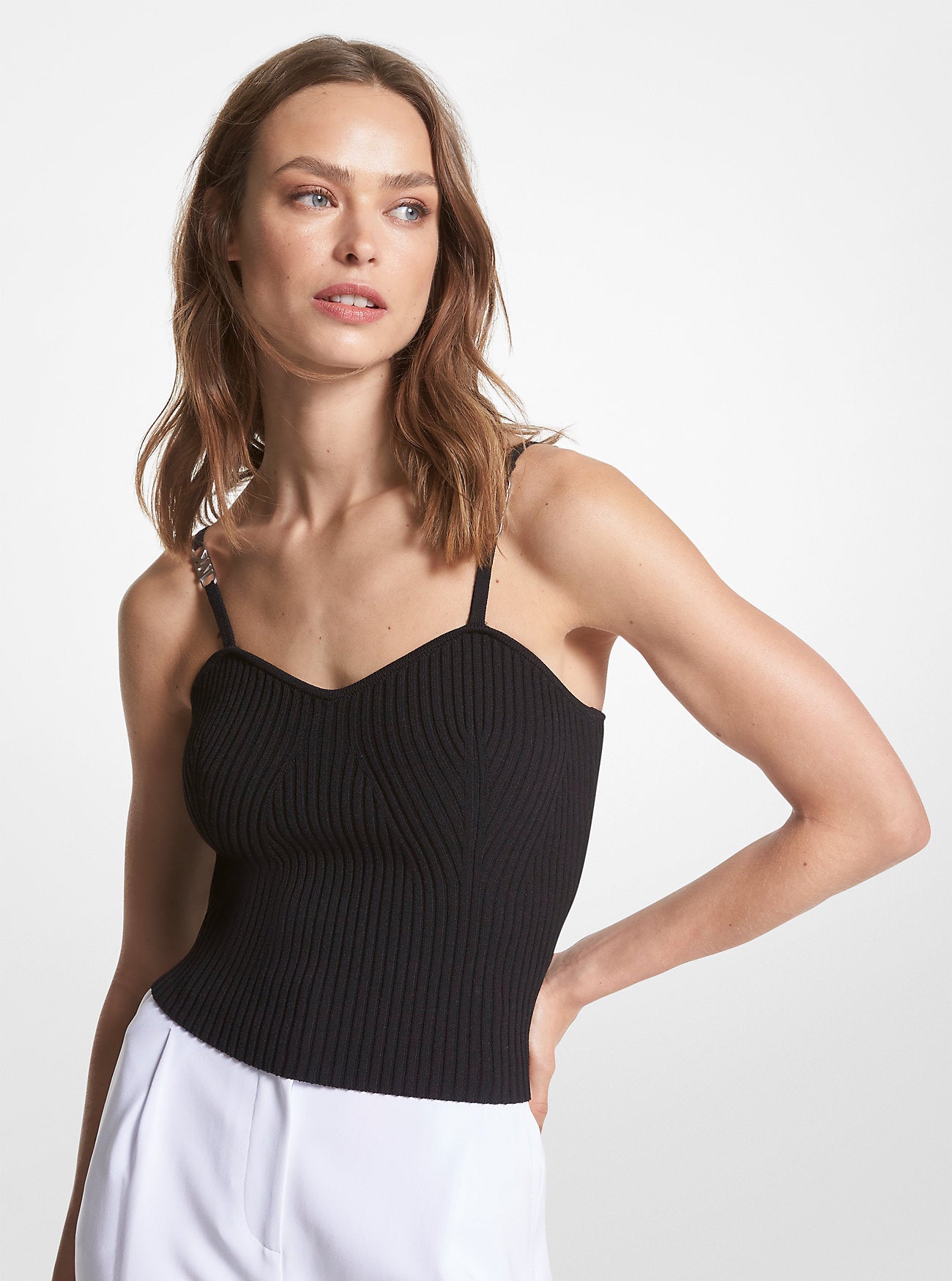Ribbed Stretch Viscose Cropped Tank Top BLACK