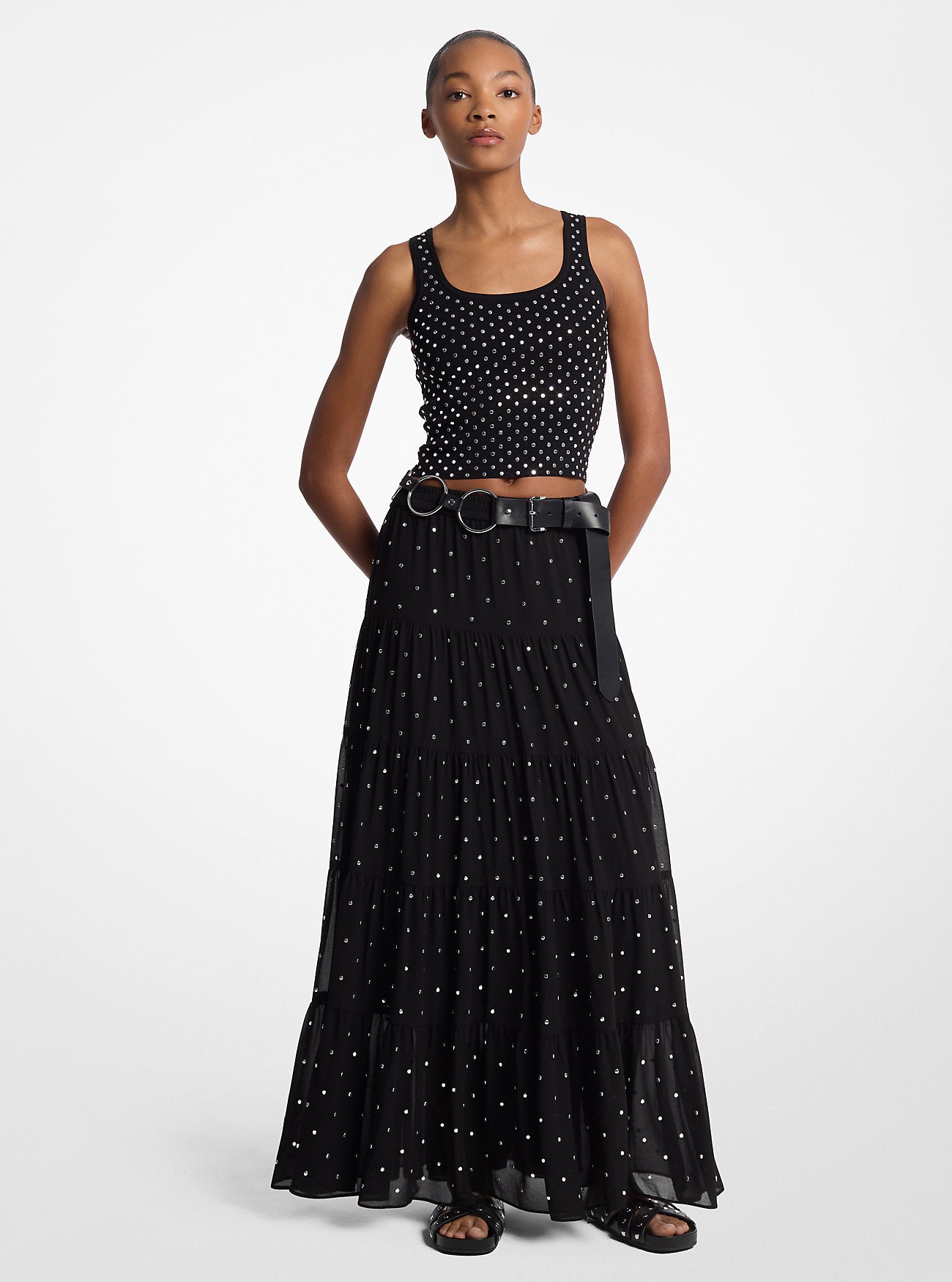 Studded Stretch Viscose Cropped Tank Top BLACK