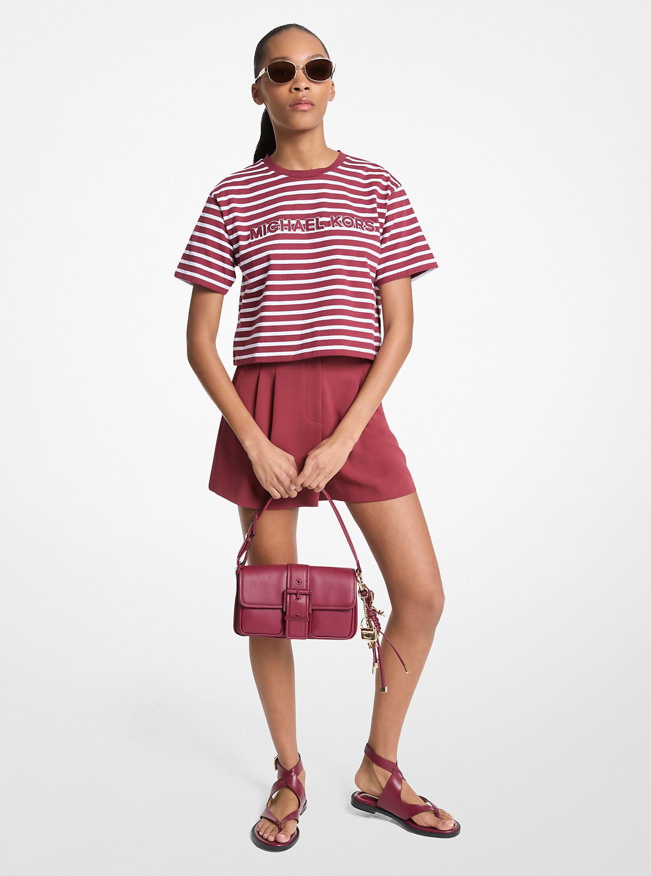 Striped Logo Cotton Cropped T-Shirt DEEPMULBERRY