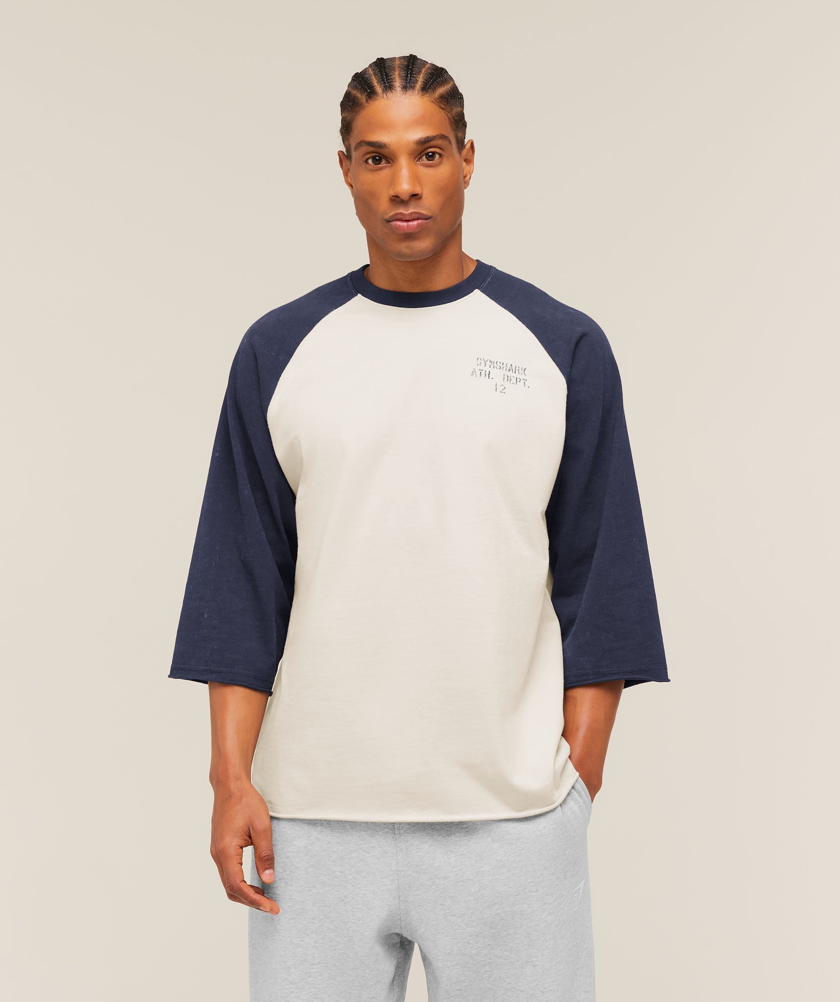 Gymshark Retro Collegiate 3/4 Sleeve T-Shirt 'Tinted White Heavy Blue'