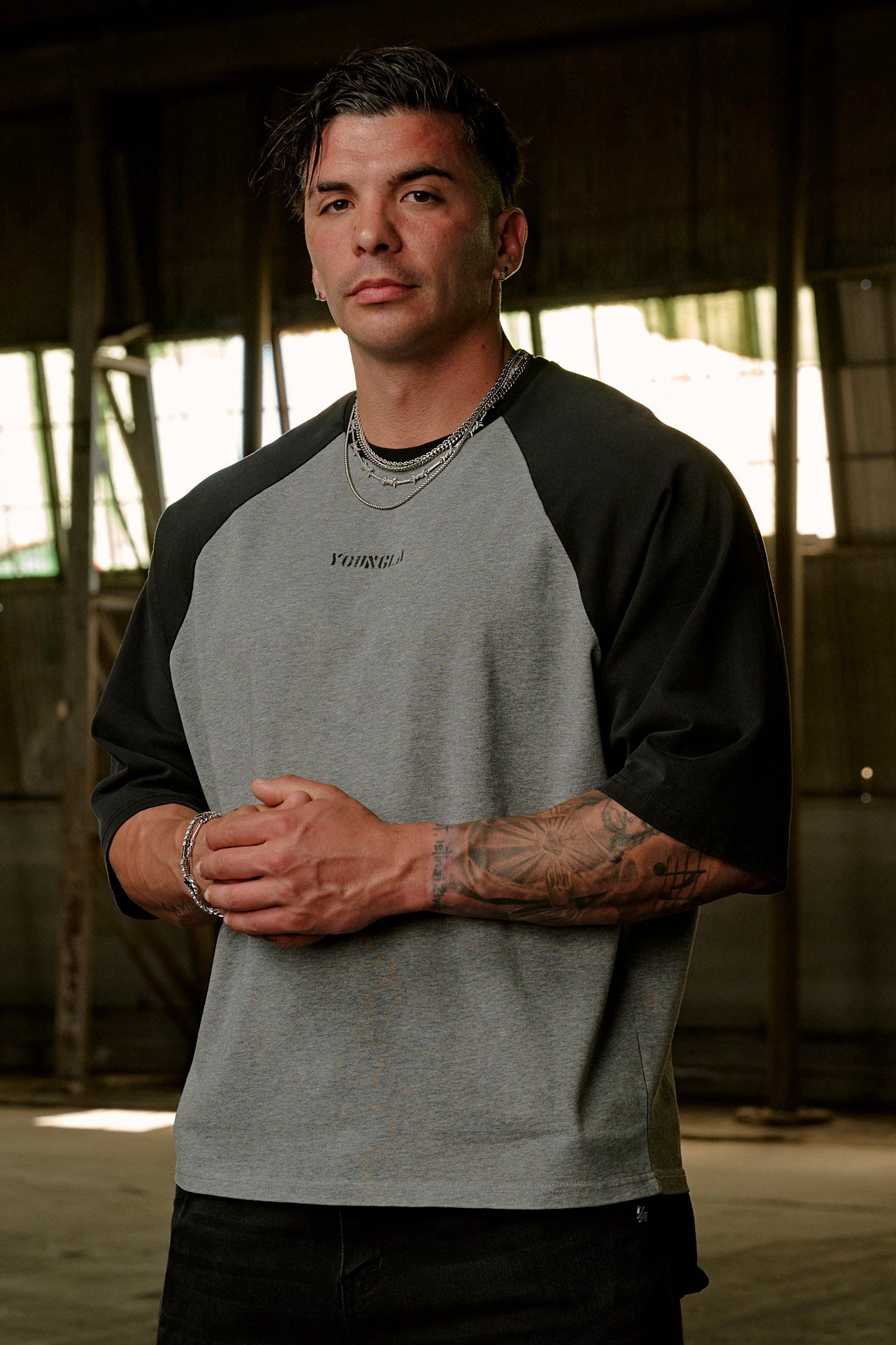 YoungLA 4139 - Oversized Baseball Tees 'Heather Grey Black'