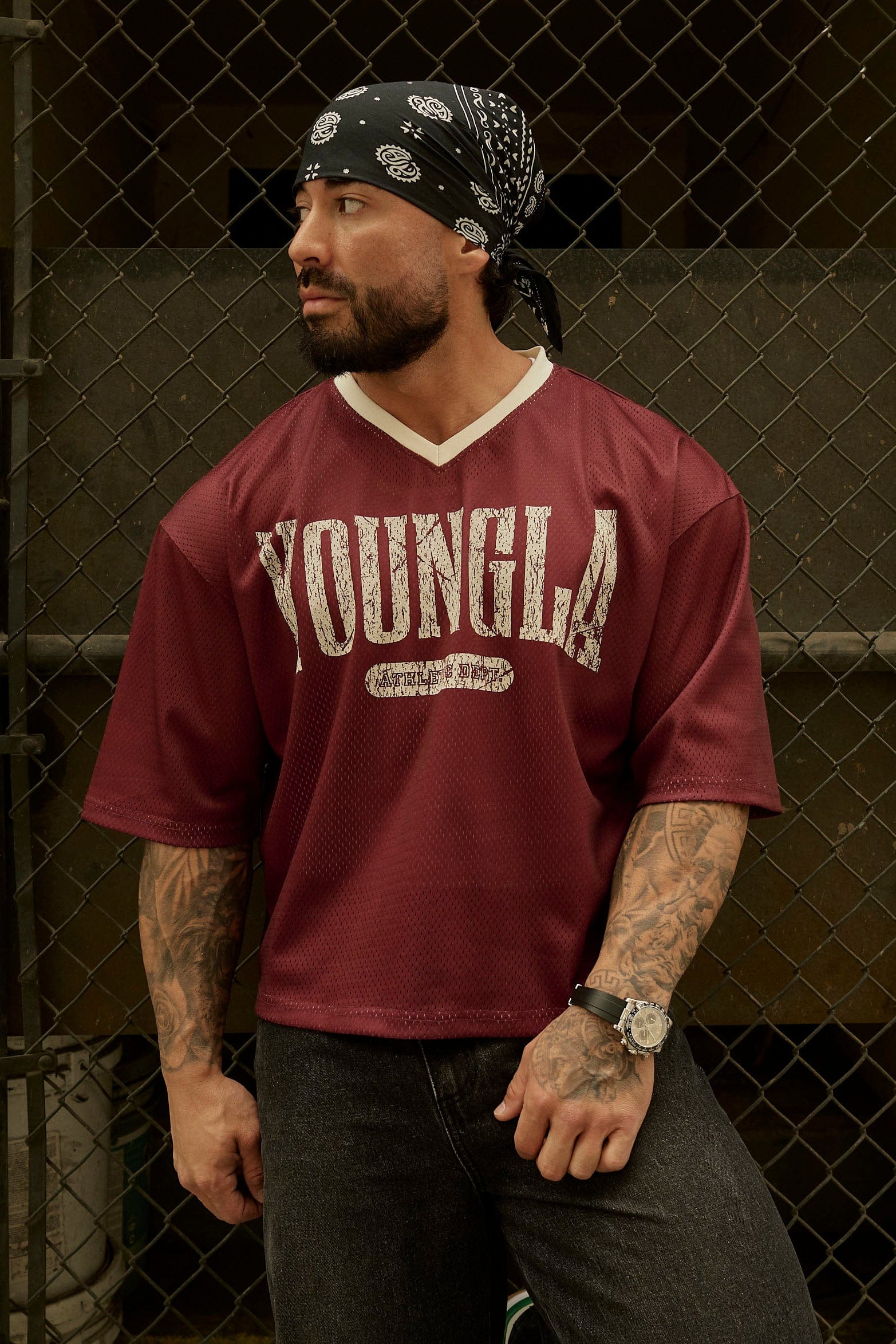 YoungLA 4187 - Varsity Football Cropped Jersey 'Burgundy'
