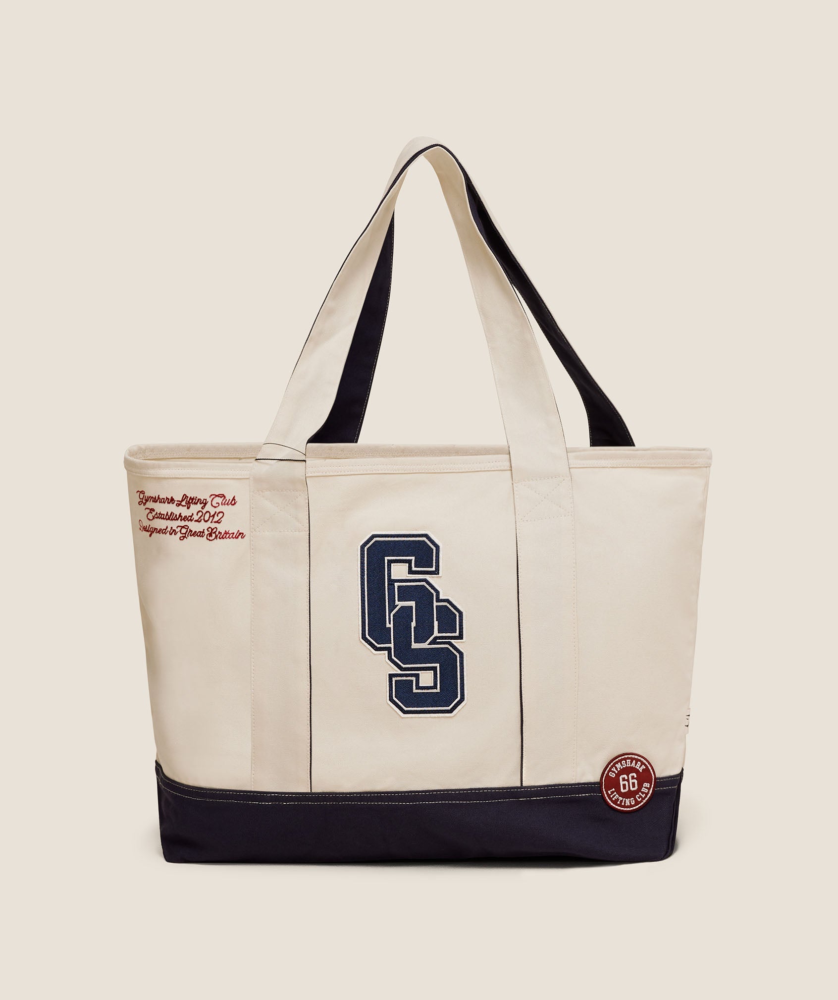 Gymshark Collegiate Tote Bag 'Heavy Blue Oat White Athletic Burgundy'