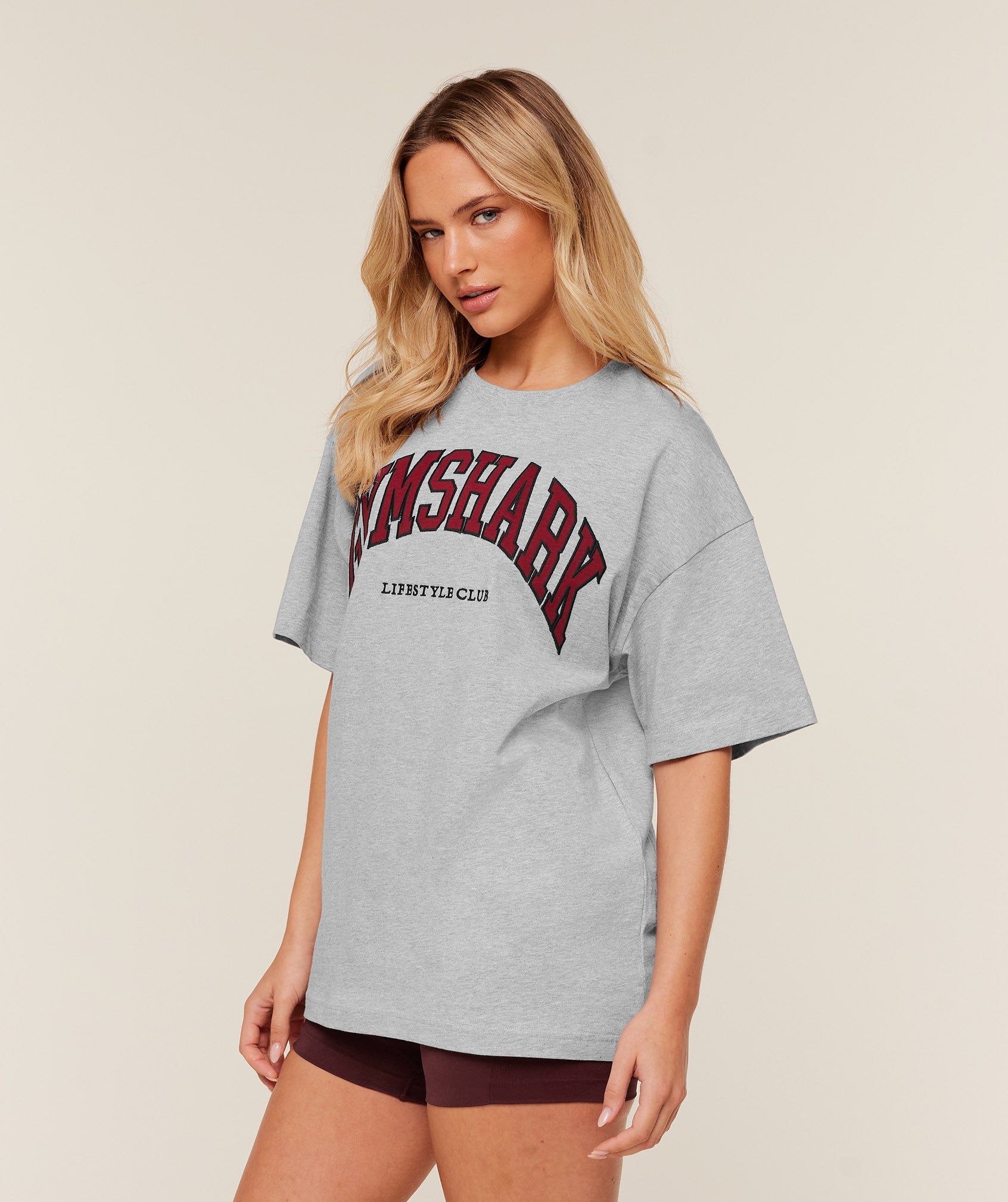 Gymshark Collegiate Graphic T-Shirt 'Light Grey Core Marl GS Sets Red'