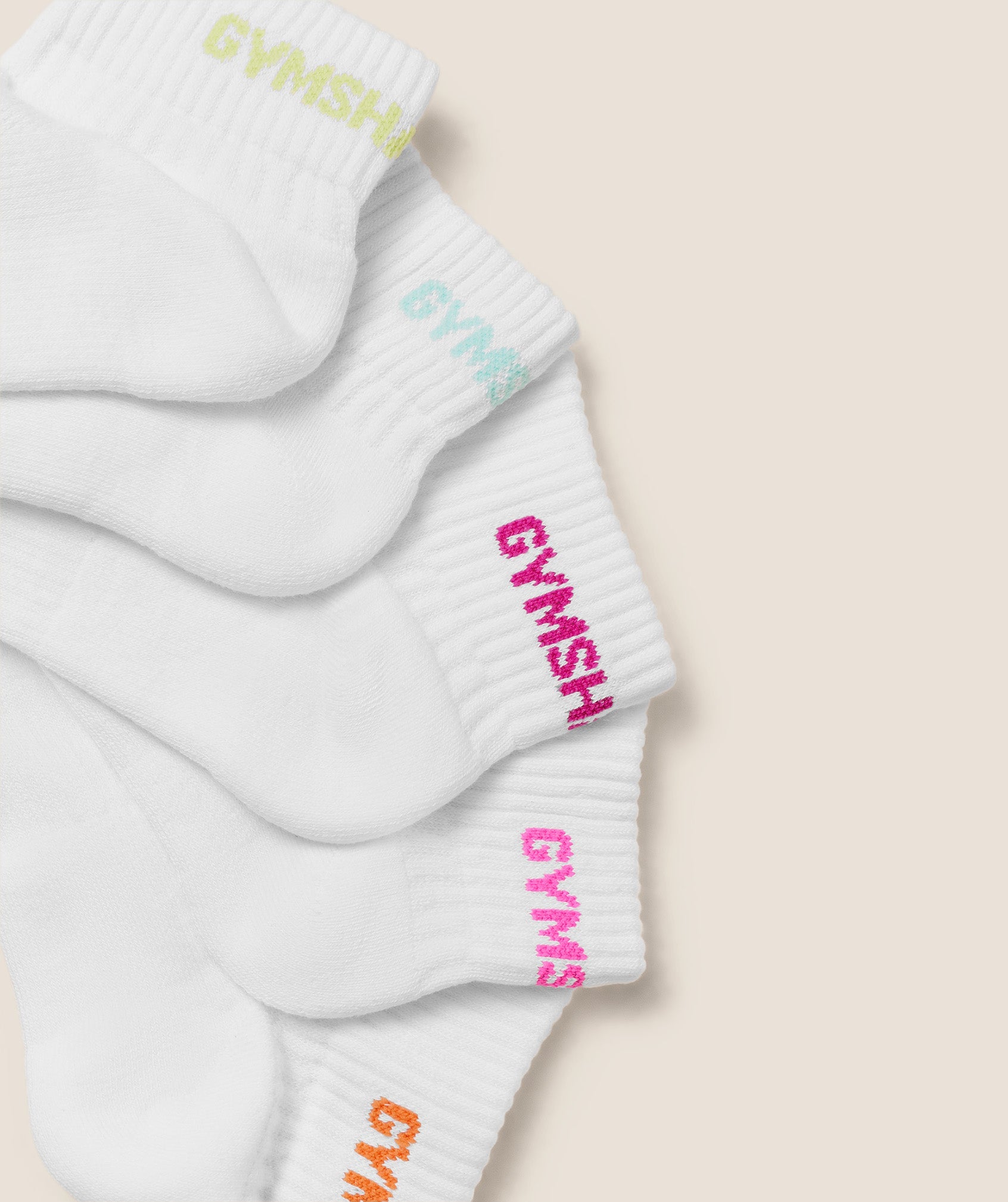 Gymshark Quarter Socks 5pk 'White Sorbet Yellow Pop Turquoise Super-Set Pink Electric Pink Dayglow Peach'