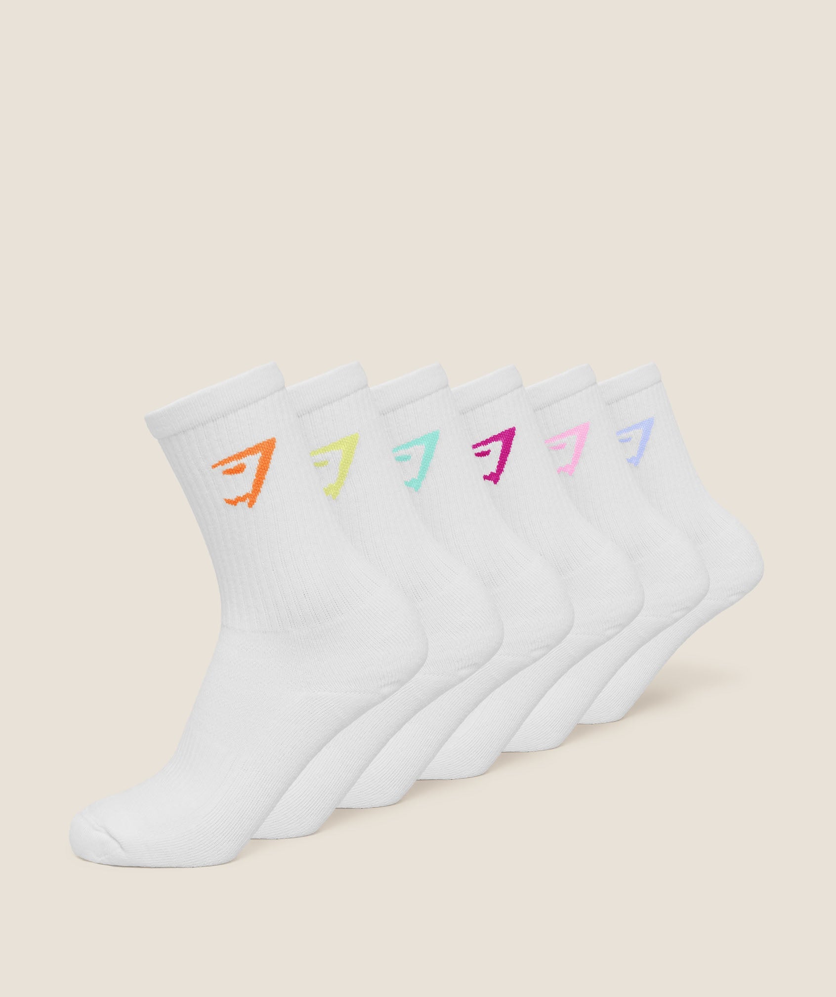 Gymshark Crew Socks 6pk 'White Chilled Blue Focus Pink Super-Set Pink Pop Turquoise Sorbet Yellow Dayglow Peach'