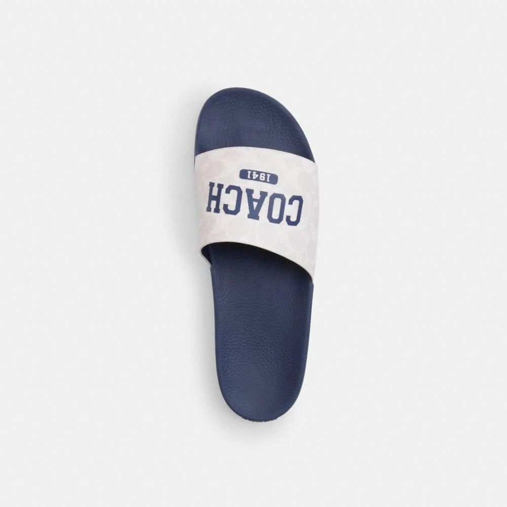 Coach Slide Sandal In Signature Canvas With Varsity Logo Deep Blue Chalk