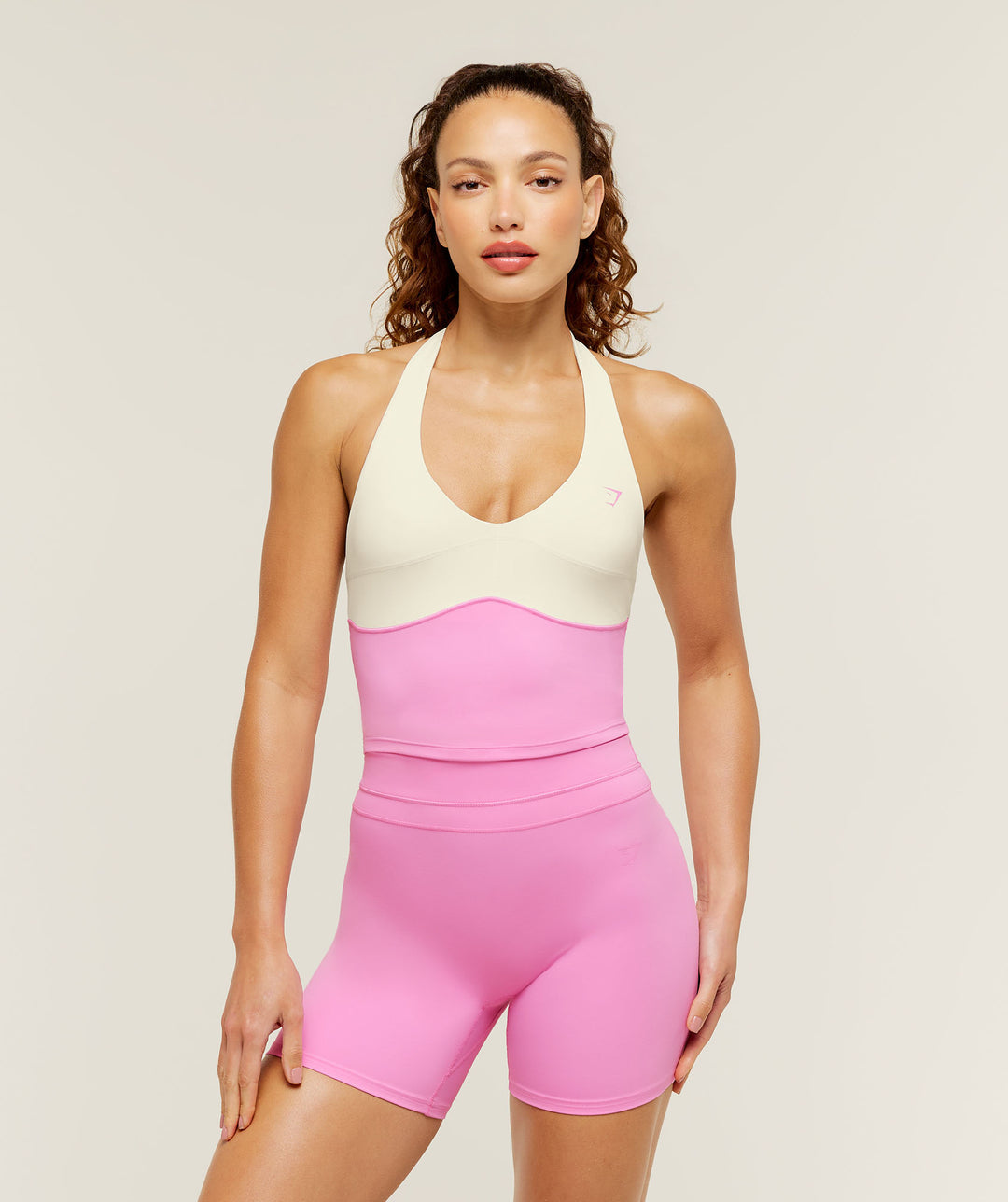 Colour Block Halter Neck Tank With Shelf 'Focus Pink Soft White'